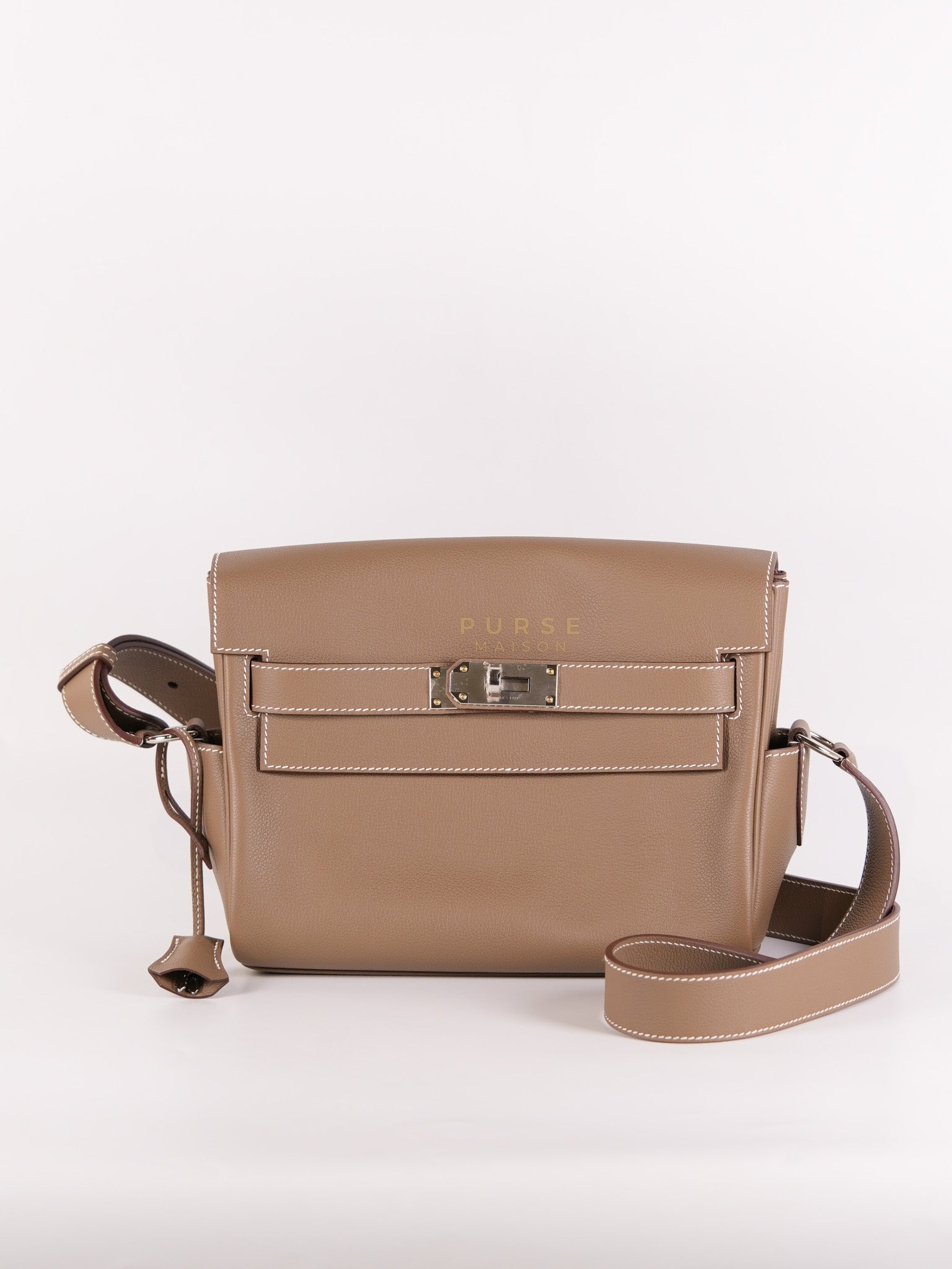 Kelly Messenger PM in Etoupe Evercolor Leather Palladium Hardware Stamp K (2025) | Purse Maison Luxury Bags Shop