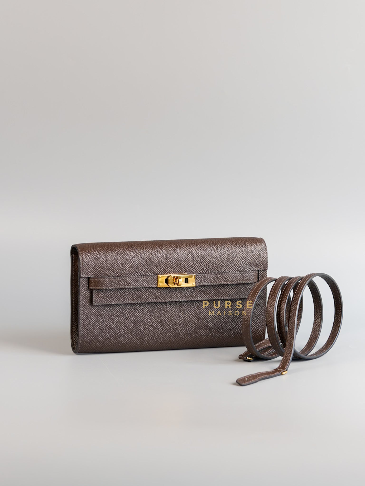 Kelly Wallet To Go Chocolate Brown Epsom Leather & Gold Hardware Stamp U (2022) | Purse Maison Luxury Bags Shop