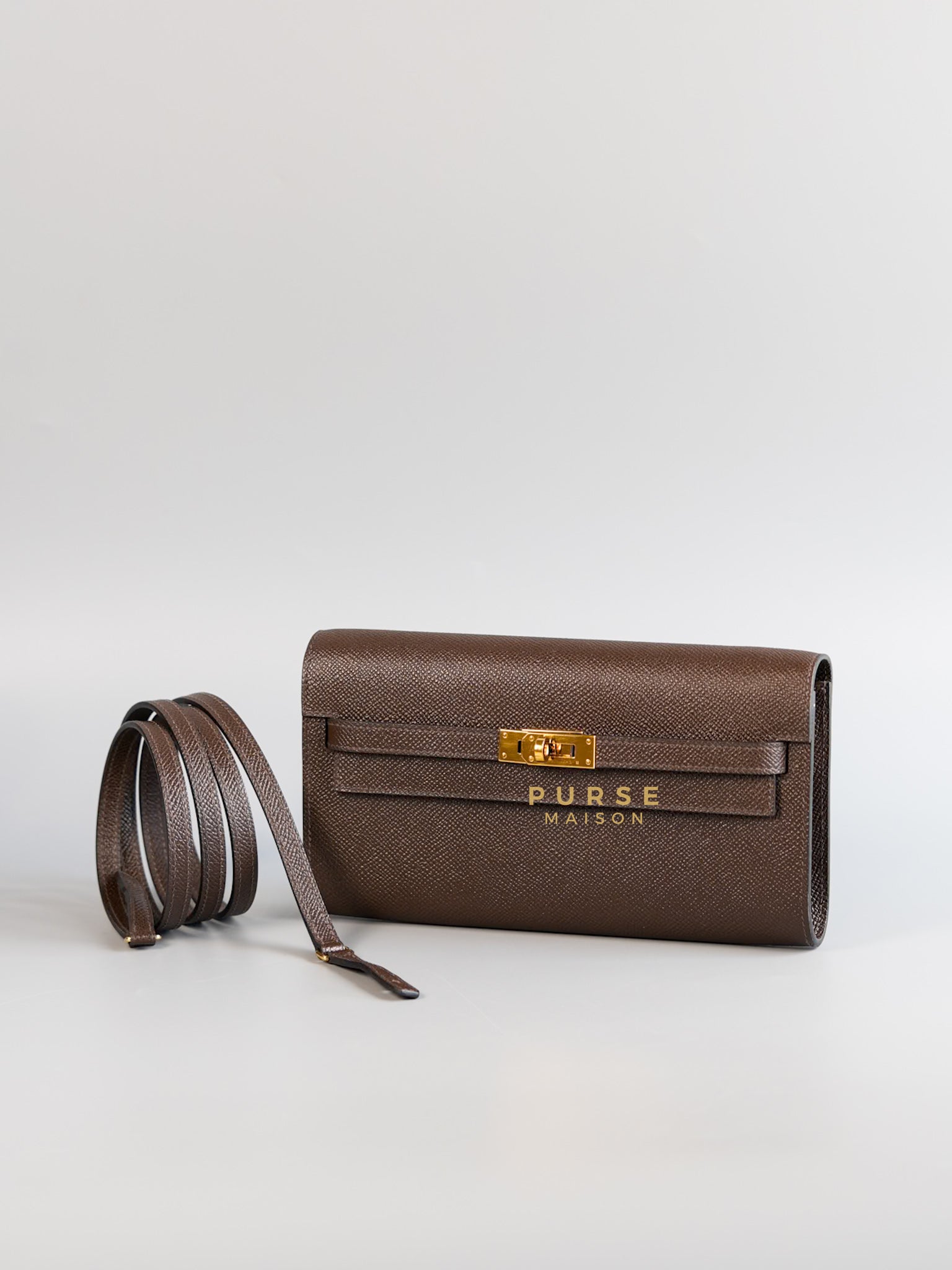 Kelly Wallet To Go Chocolate Brown Epsom Leather & Gold Hardware Stamp U (2022) | Purse Maison Luxury Bags Shop