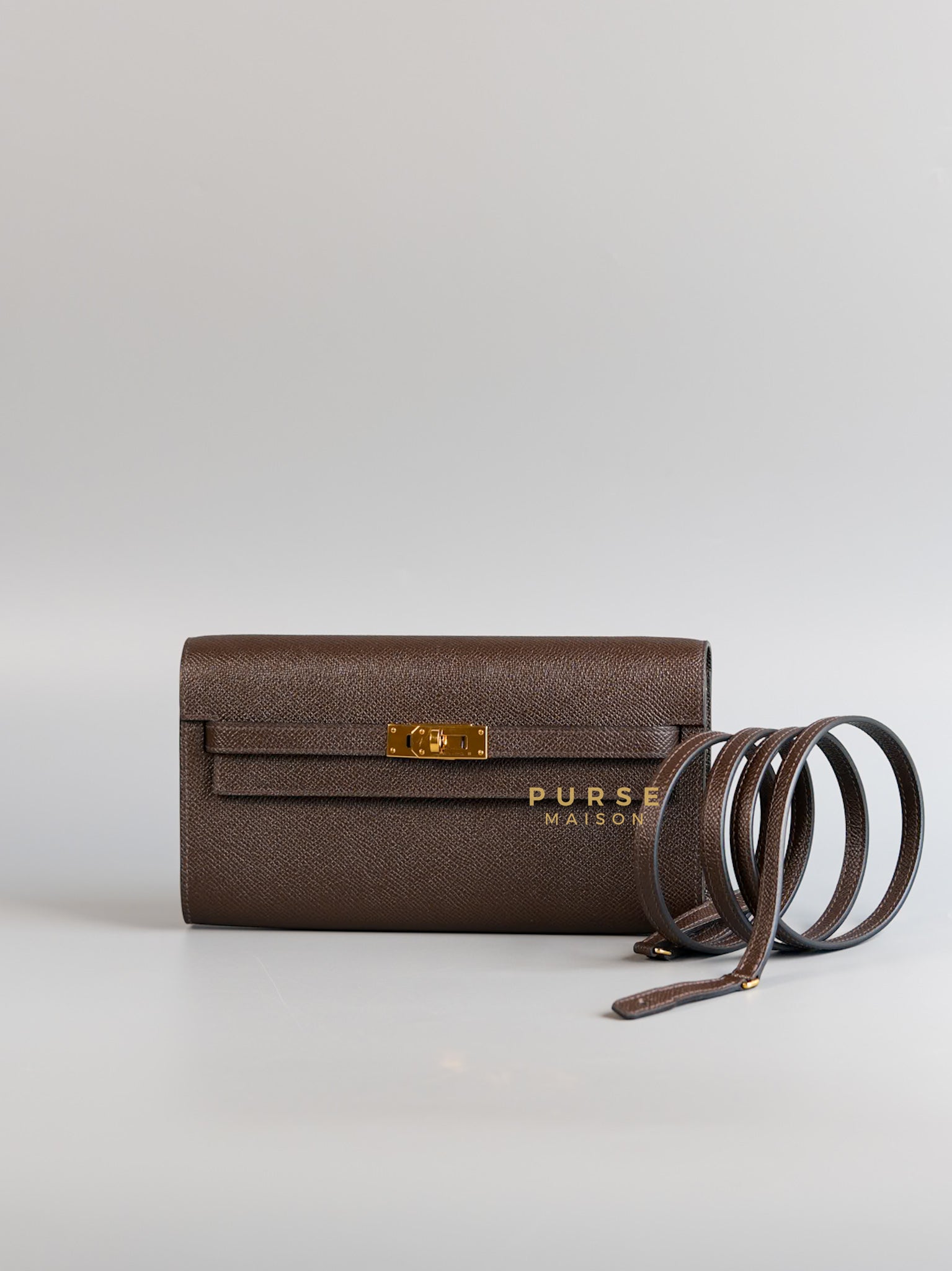 Kelly Wallet To Go Chocolate Brown Epsom Leather & Gold Hardware Stamp U (2022) | Purse Maison Luxury Bags Shop