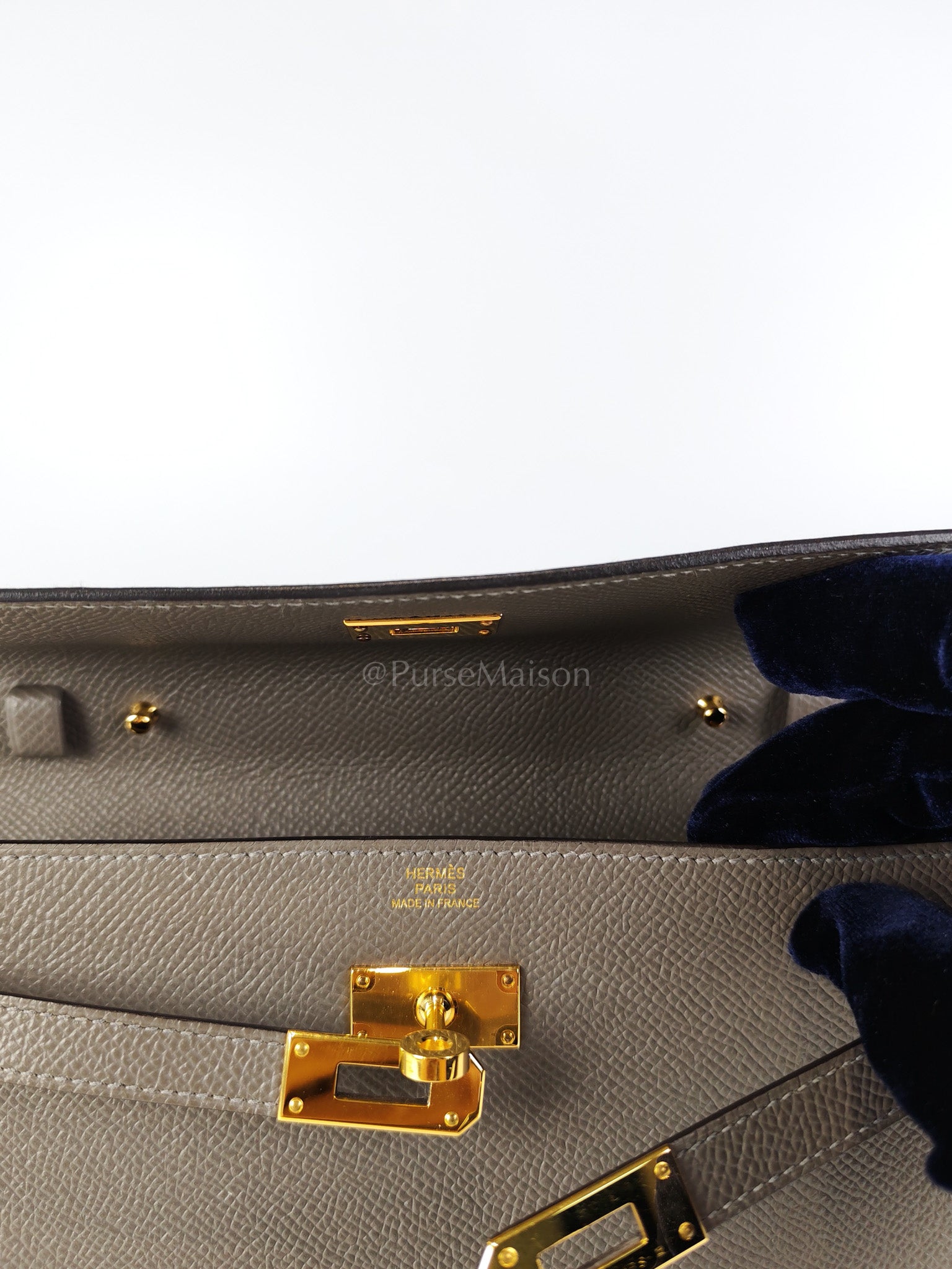 Kelly To Go Gris Meyer in Epsom Leather and Gold Hardware Stamp U (2022) | Purse Maison Luxury Bags Shop