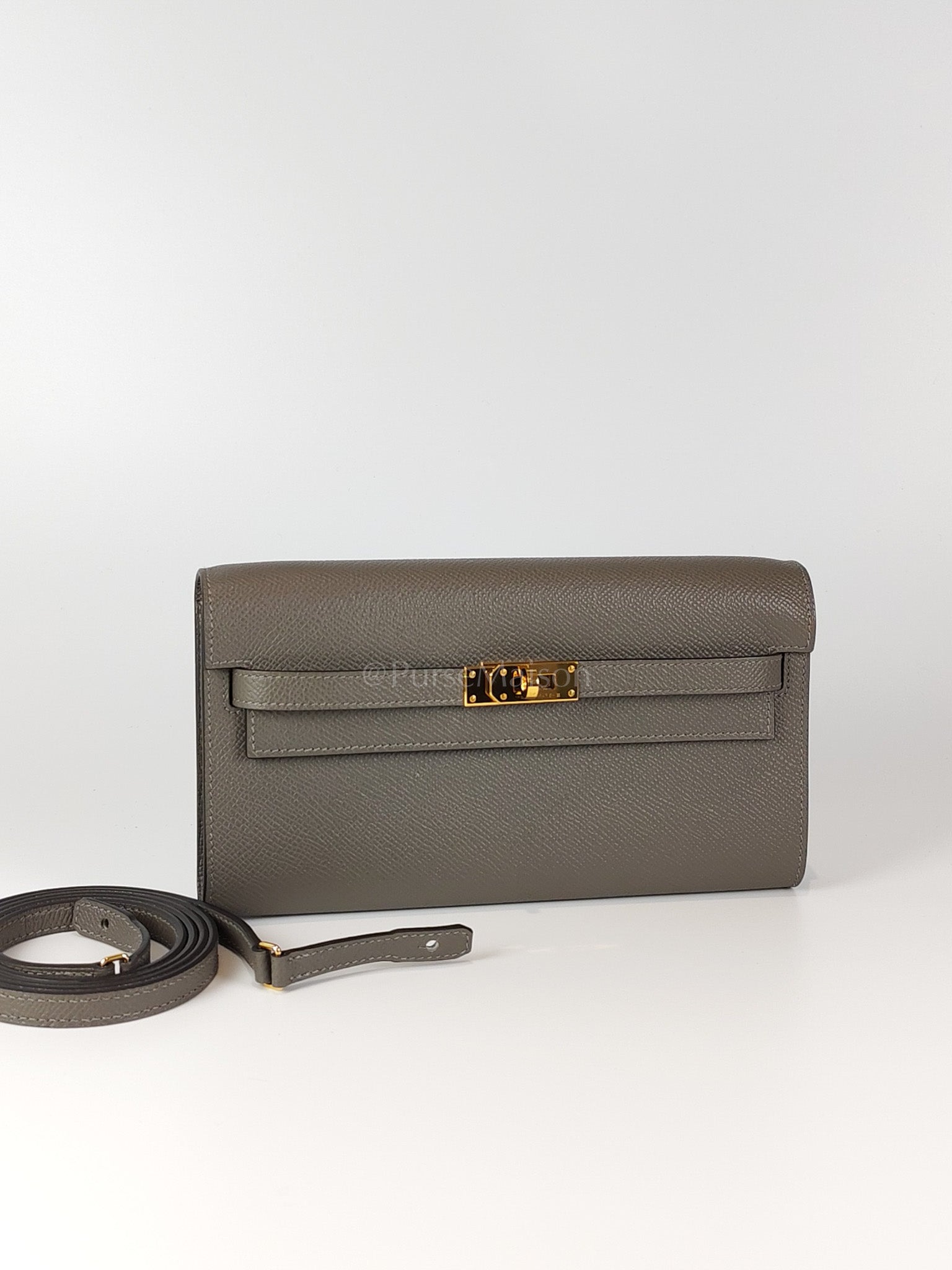 Kelly To Go Gris Meyer in Epsom Leather and Gold Hardware Stamp U (2022) | Purse Maison Luxury Bags Shop