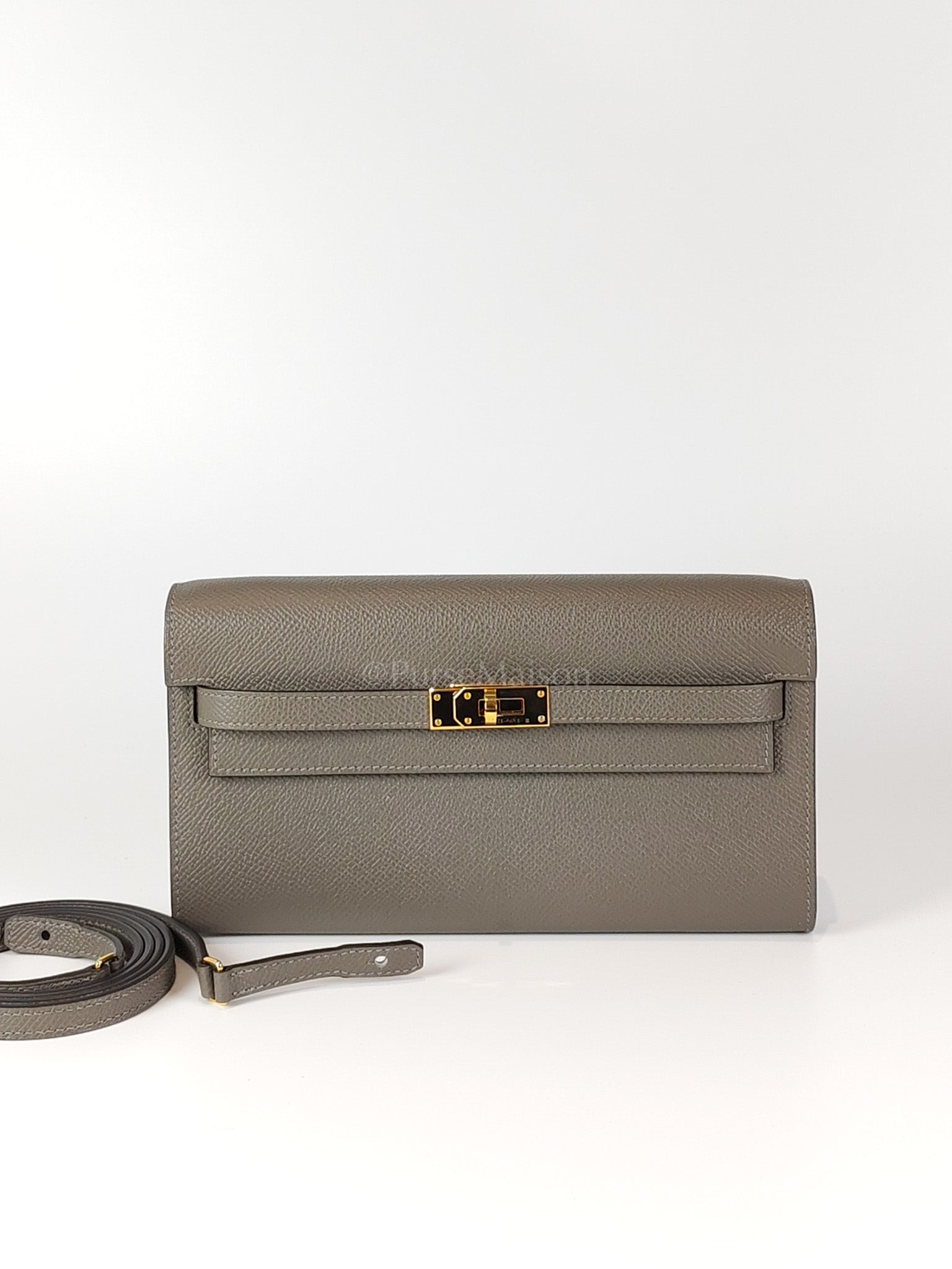 Kelly To Go Gris Meyer in Epsom Leather and Gold Hardware Stamp U (2022) | Purse Maison Luxury Bags Shop