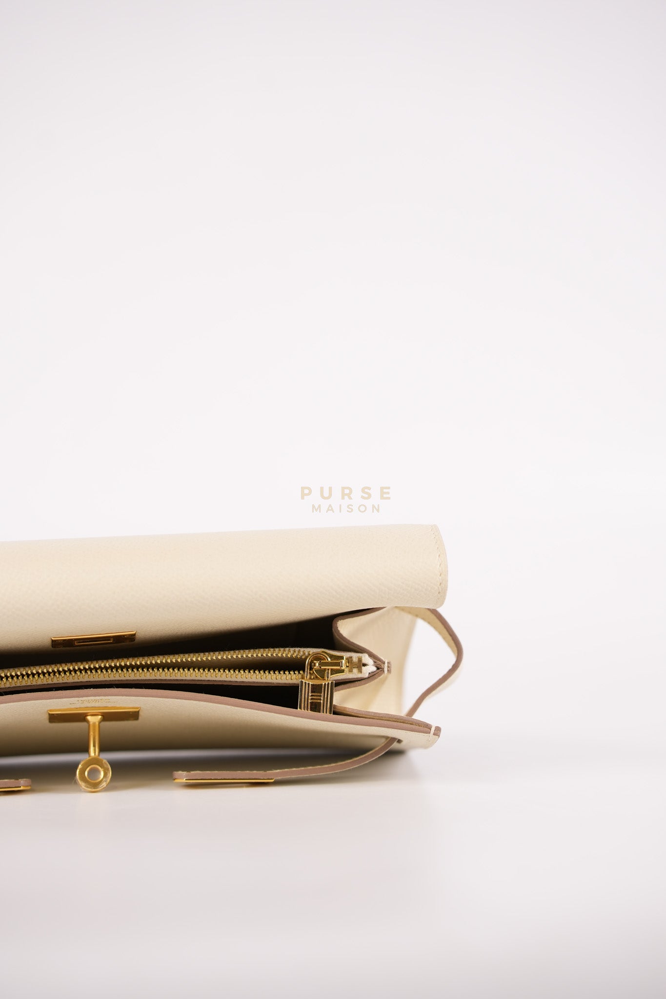 Kelly To Go in Craie Epsom Leather and Gold Hardware Stamp Y (2020) | Purse Maison Luxury Bags Shop