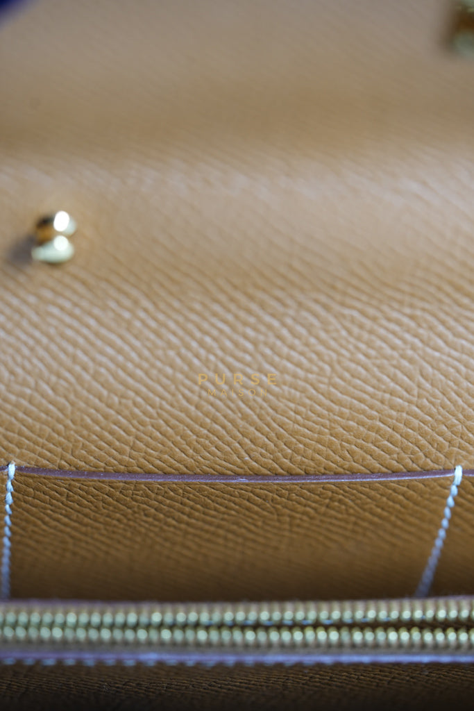 Kelly To Go in Gold Epsom Leather and Gold Hardware Stamp Y (2020) | Purse Maison Luxury Bags Shop