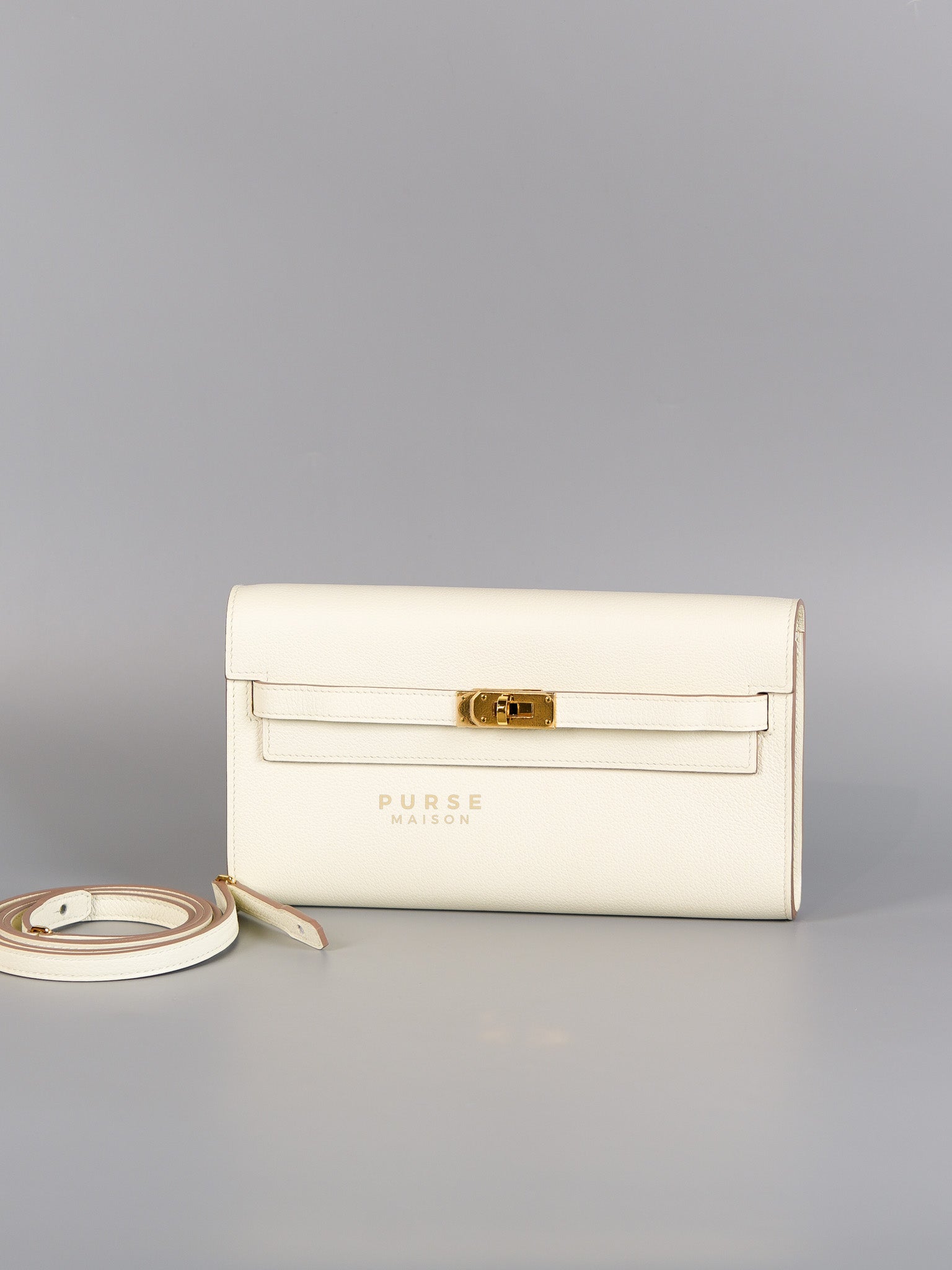 Kelly To Go in Mushroom Evercolor Leather with Gold Hardware Stamp B(2023) | Purse Maison Luxury Bags Shop
