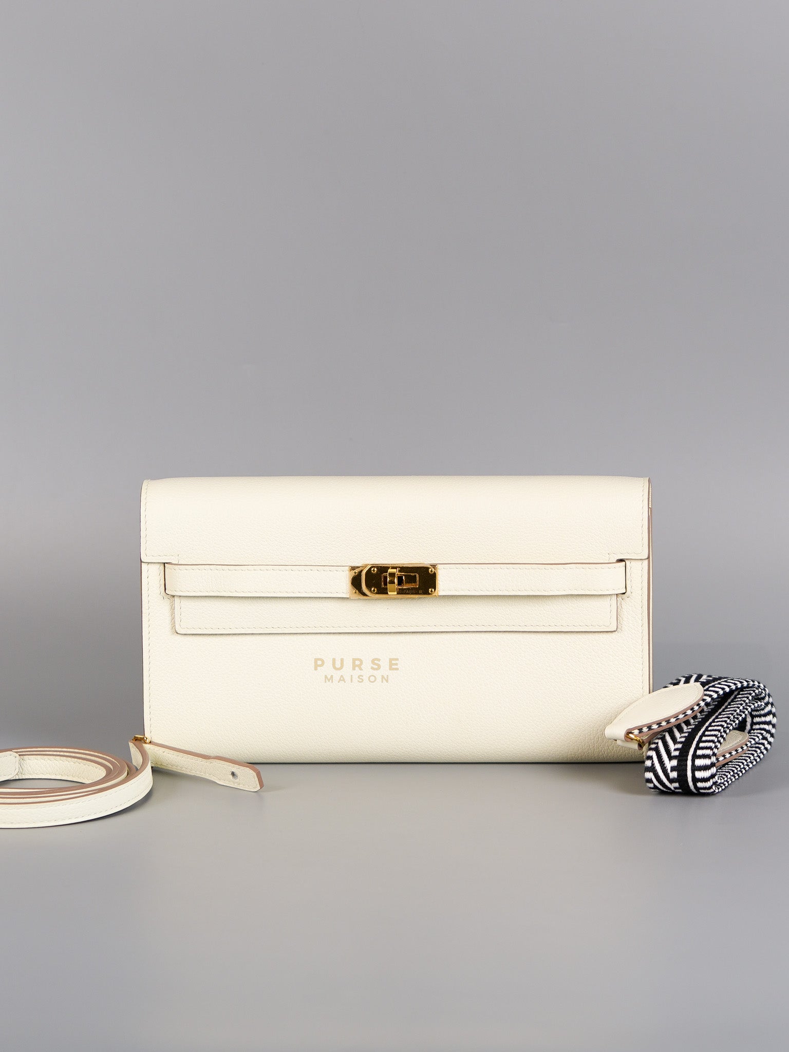 Kelly To Go in Mushroom Evercolor Leather with Gold Hardware Stamp B(2023) | Purse Maison Luxury Bags Shop