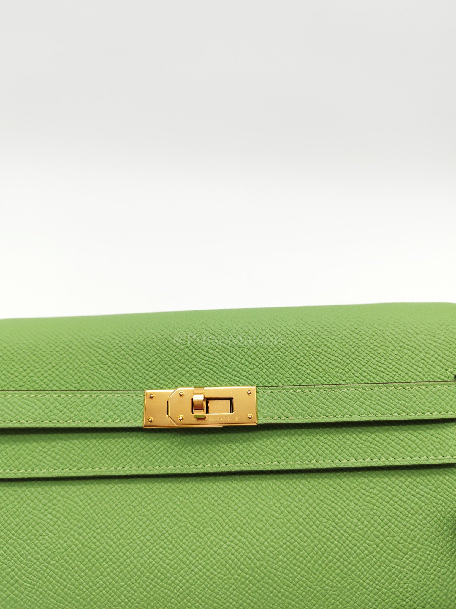 Kelly To Go Vert Criquet and Blue Brume Interior in Epsom Leather and Gold Hardware Stamp Y (2020) | Purse Maison Luxury Bags Shop