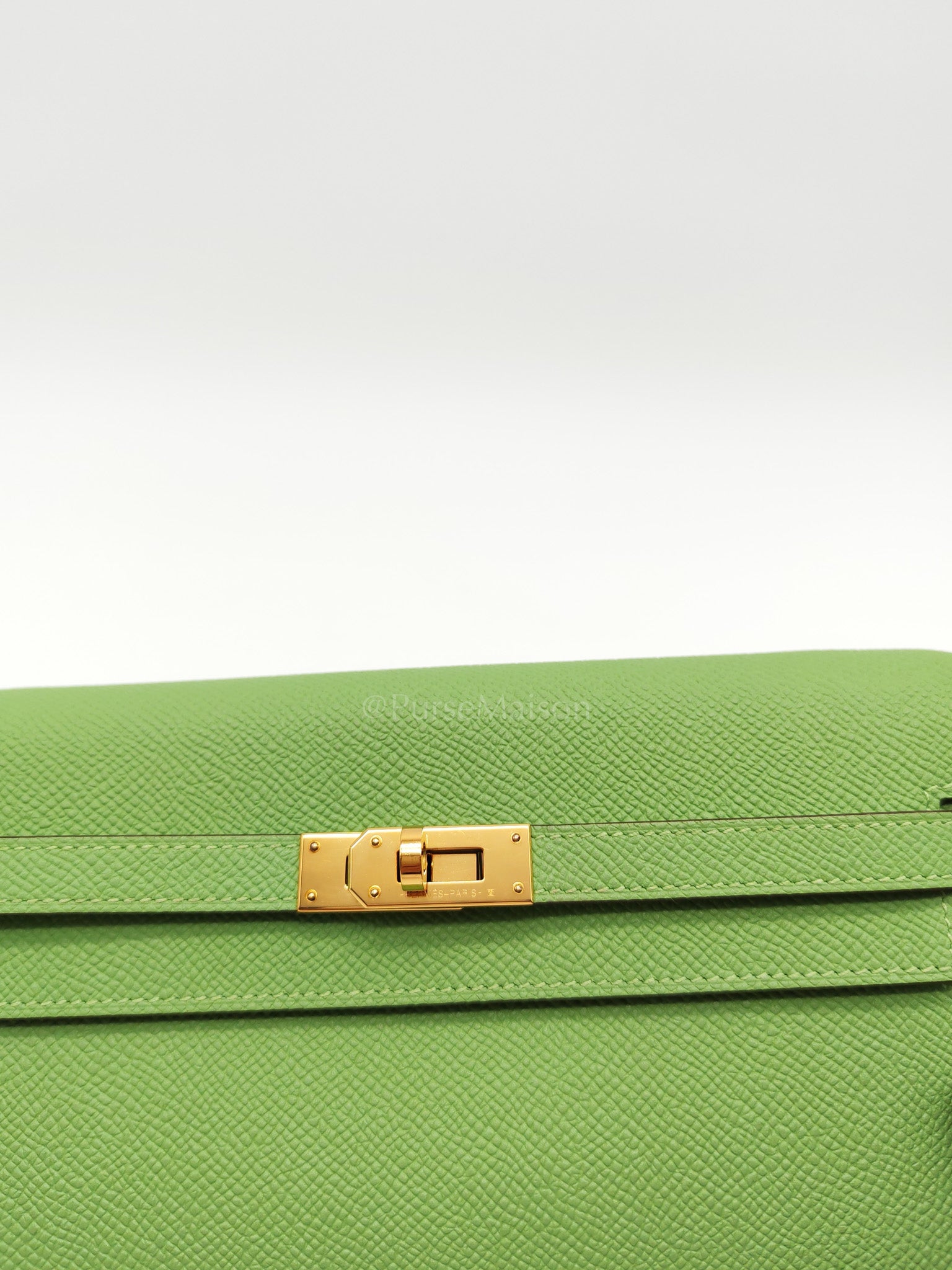 Kelly To Go Vert Criquet and Blue Brume Interior in Epsom Leather and Gold Hardware Stamp Y (2020) | Purse Maison Luxury Bags Shop