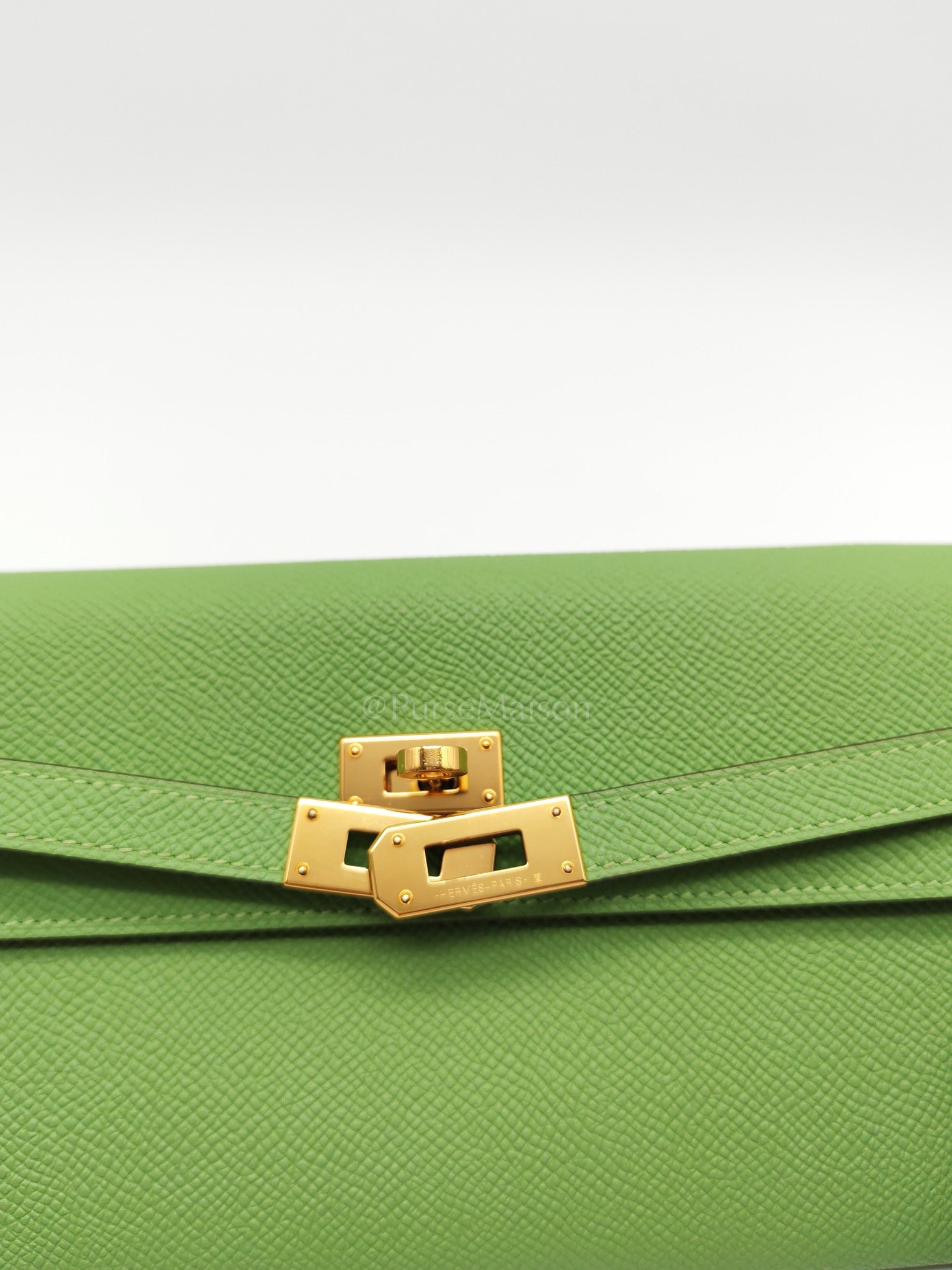 Kelly To Go Vert Criquet and Blue Brume Interior in Epsom Leather and Gold Hardware Stamp Y (2020) | Purse Maison Luxury Bags Shop