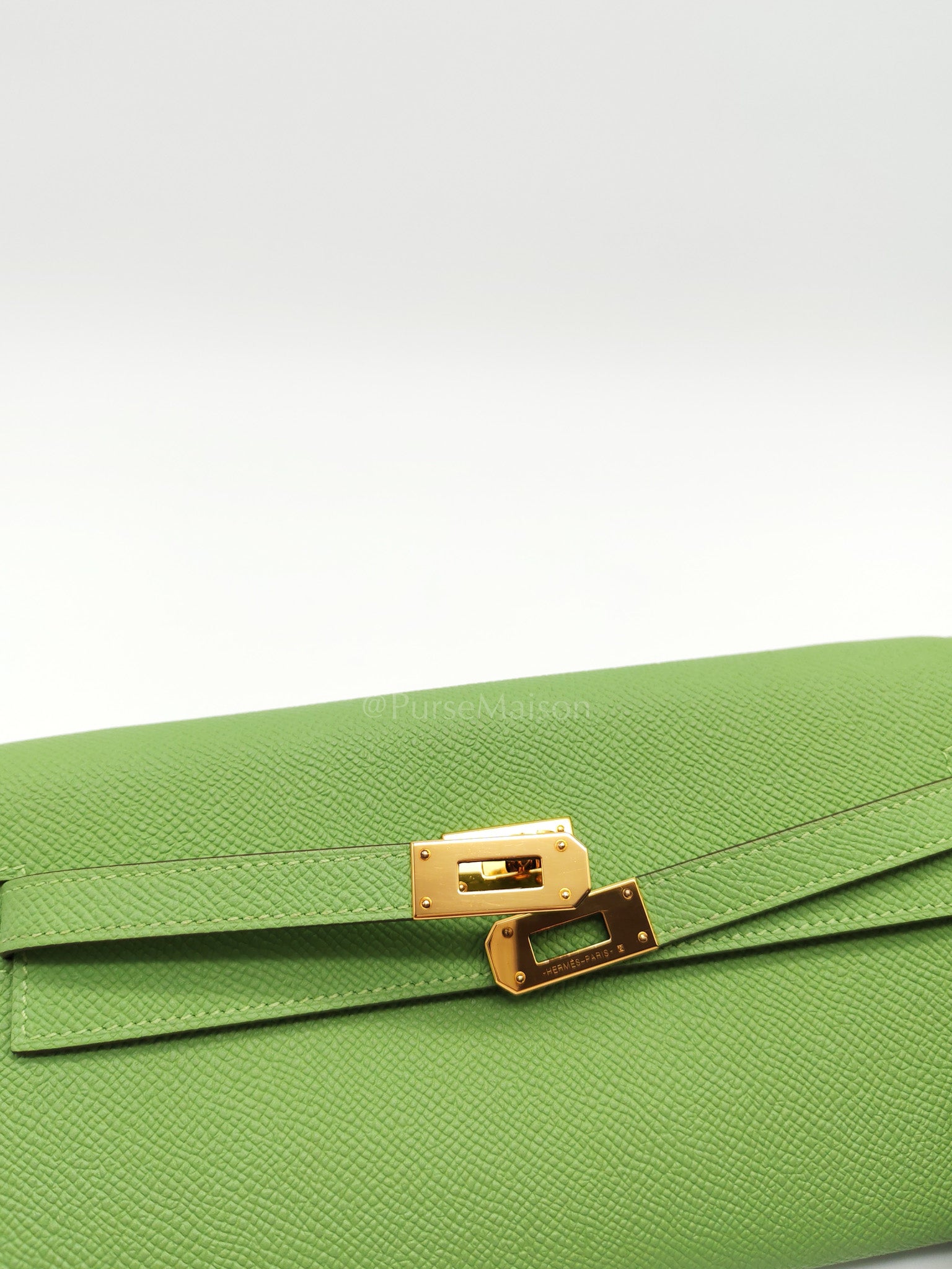 Kelly To Go Vert Criquet and Blue Brume Interior in Epsom Leather and Gold Hardware Stamp Y (2020) | Purse Maison Luxury Bags Shop
