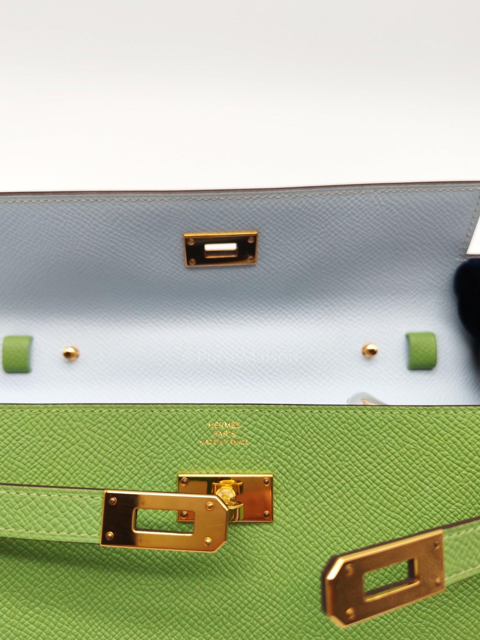 Kelly To Go Vert Criquet and Blue Brume Interior in Epsom Leather and Gold Hardware Stamp Y (2020) | Purse Maison Luxury Bags Shop