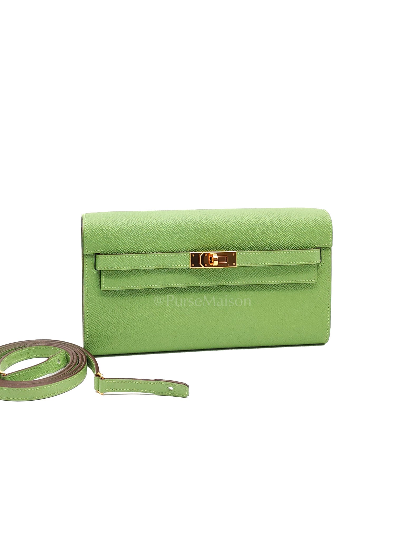 Kelly To Go Vert Criquet and Blue Brume Interior in Epsom Leather and Gold Hardware Stamp Y (2020) | Purse Maison Luxury Bags Shop