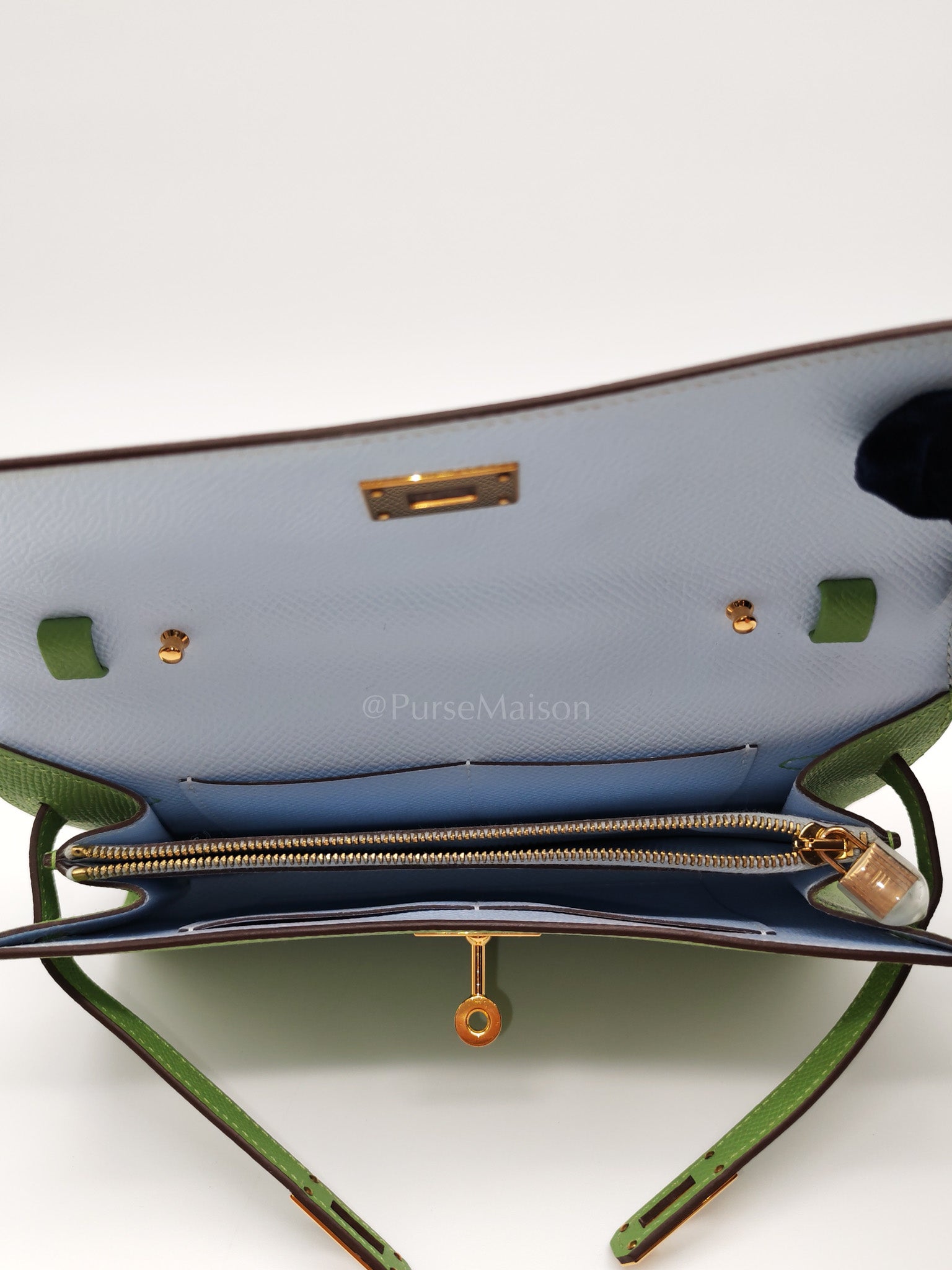 Kelly To Go Vert Criquet and Blue Brume Interior in Epsom Leather and Gold Hardware Stamp Y (2020) | Purse Maison Luxury Bags Shop