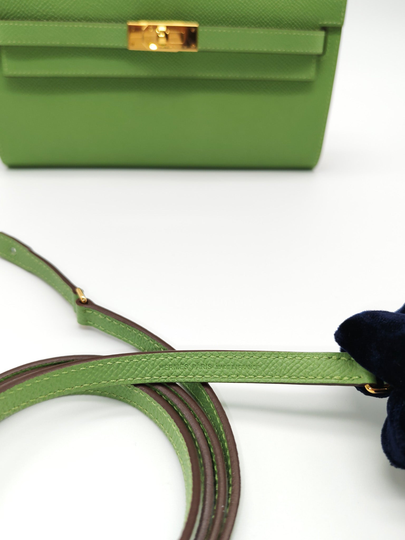 Kelly To Go Vert Criquet and Blue Brume Interior in Epsom Leather and Gold Hardware Stamp Y (2020) | Purse Maison Luxury Bags Shop