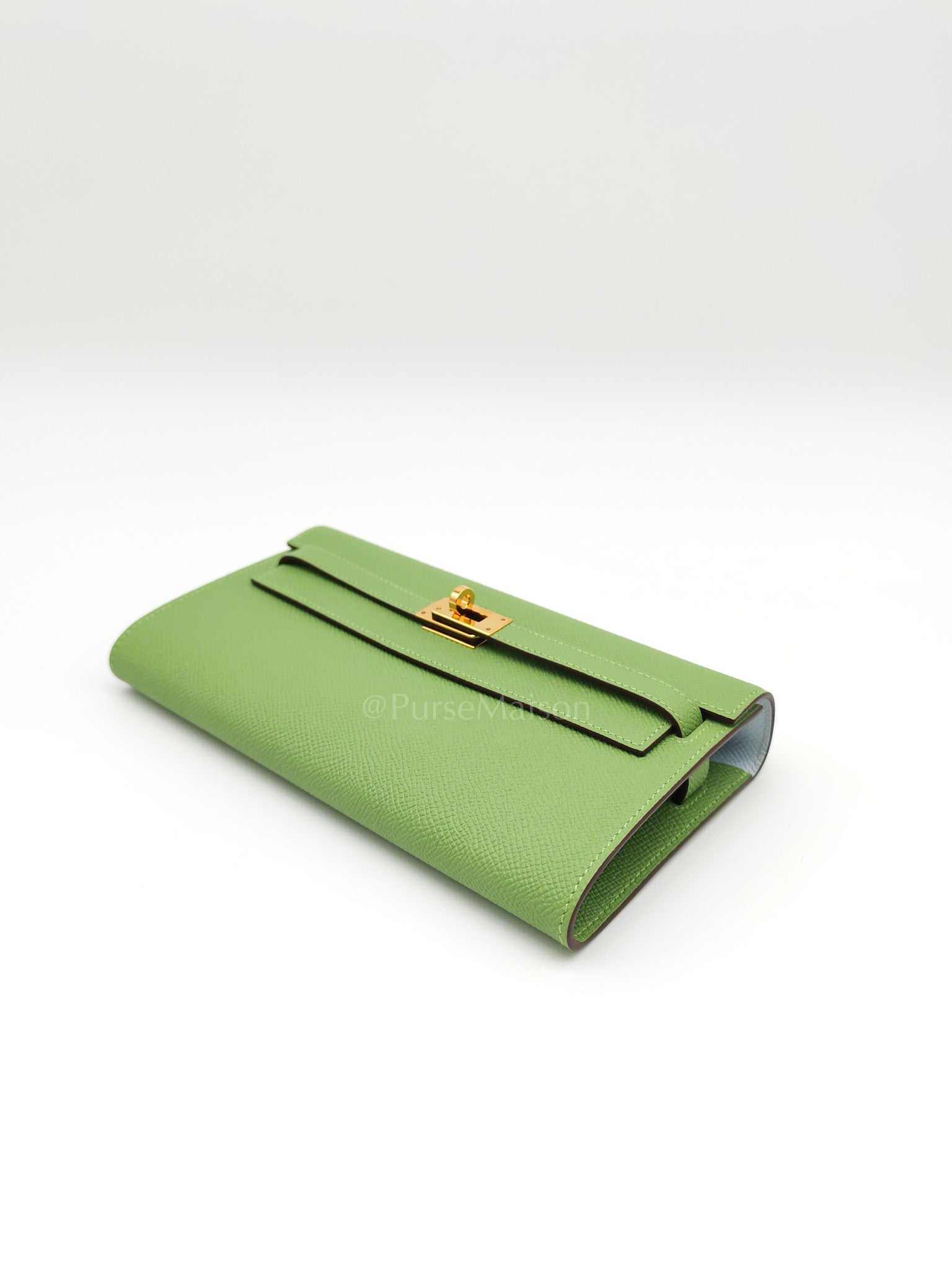Kelly To Go Vert Criquet and Blue Brume Interior in Epsom Leather and Gold Hardware Stamp Y (2020) | Purse Maison Luxury Bags Shop