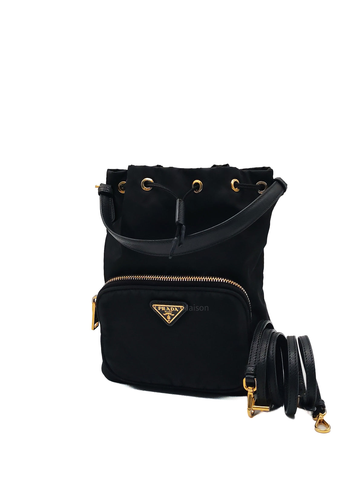 Prada Duet Re-Nylon bucket Bag Small in Black Tessuto Nylon and Gold Hardware