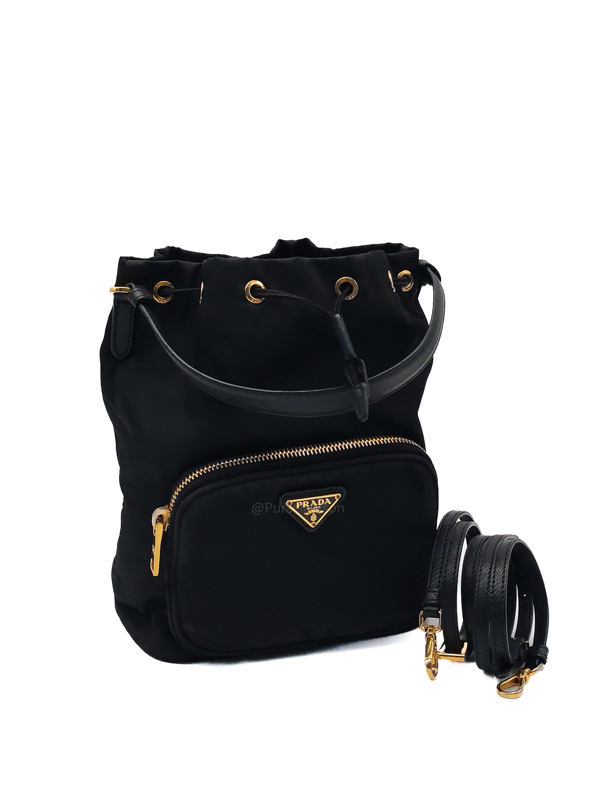 Prada Duet Re-Nylon bucket Bag Small in Black Tessuto Nylon and Gold Hardware