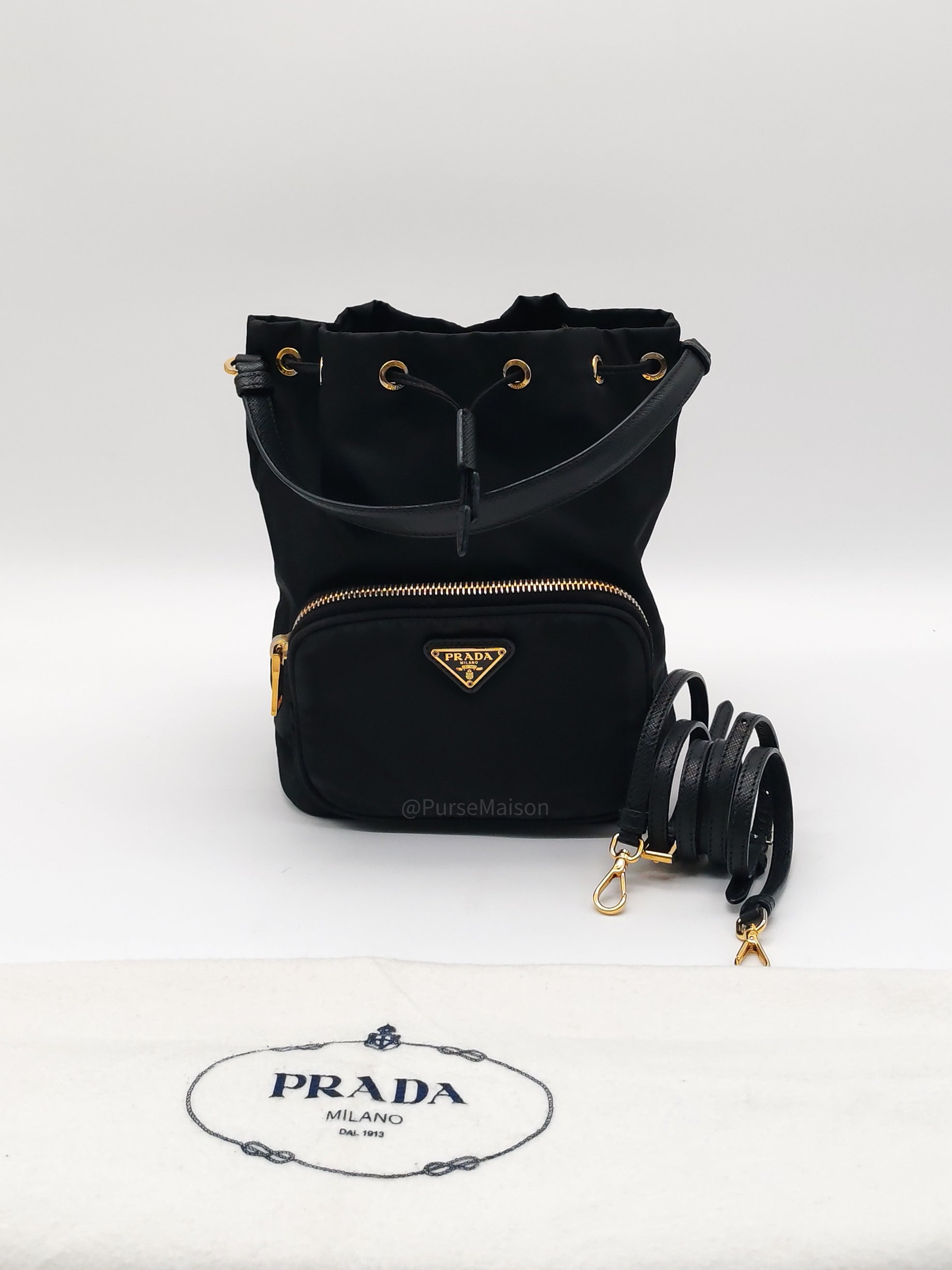 Prada Duet Re-Nylon bucket Bag Small in Black Tessuto Nylon and Gold Hardware