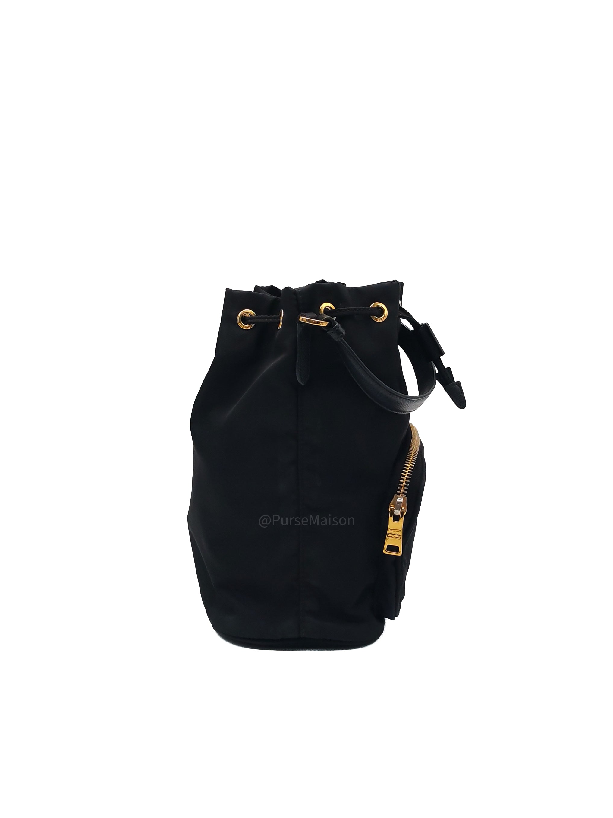 Prada Duet Re-Nylon bucket Bag Small in Black Tessuto Nylon and Gold Hardware