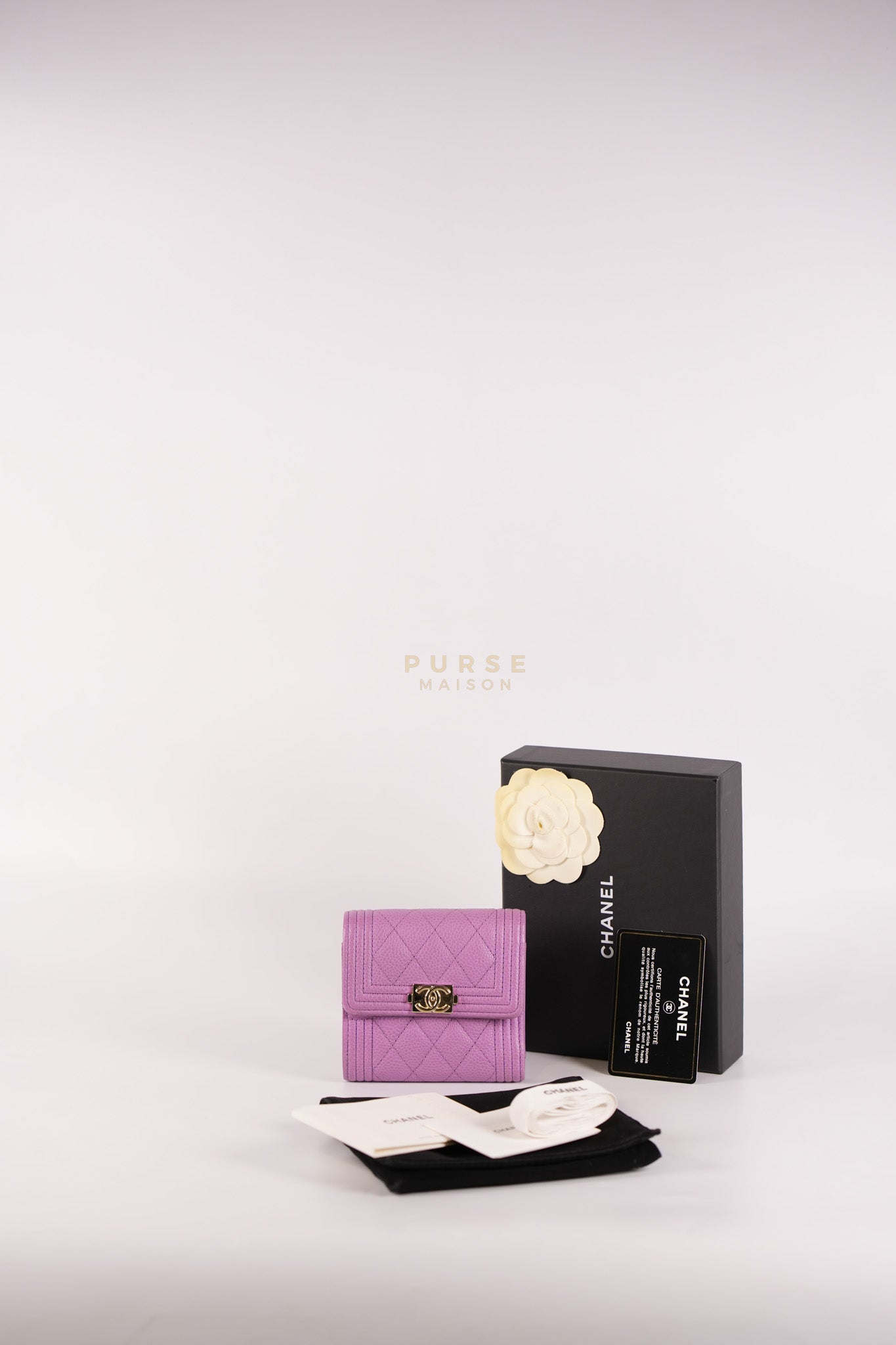 Boy Flap Compact Wallet in Purple Caviar Leather and Light Gold Hardware Series 29