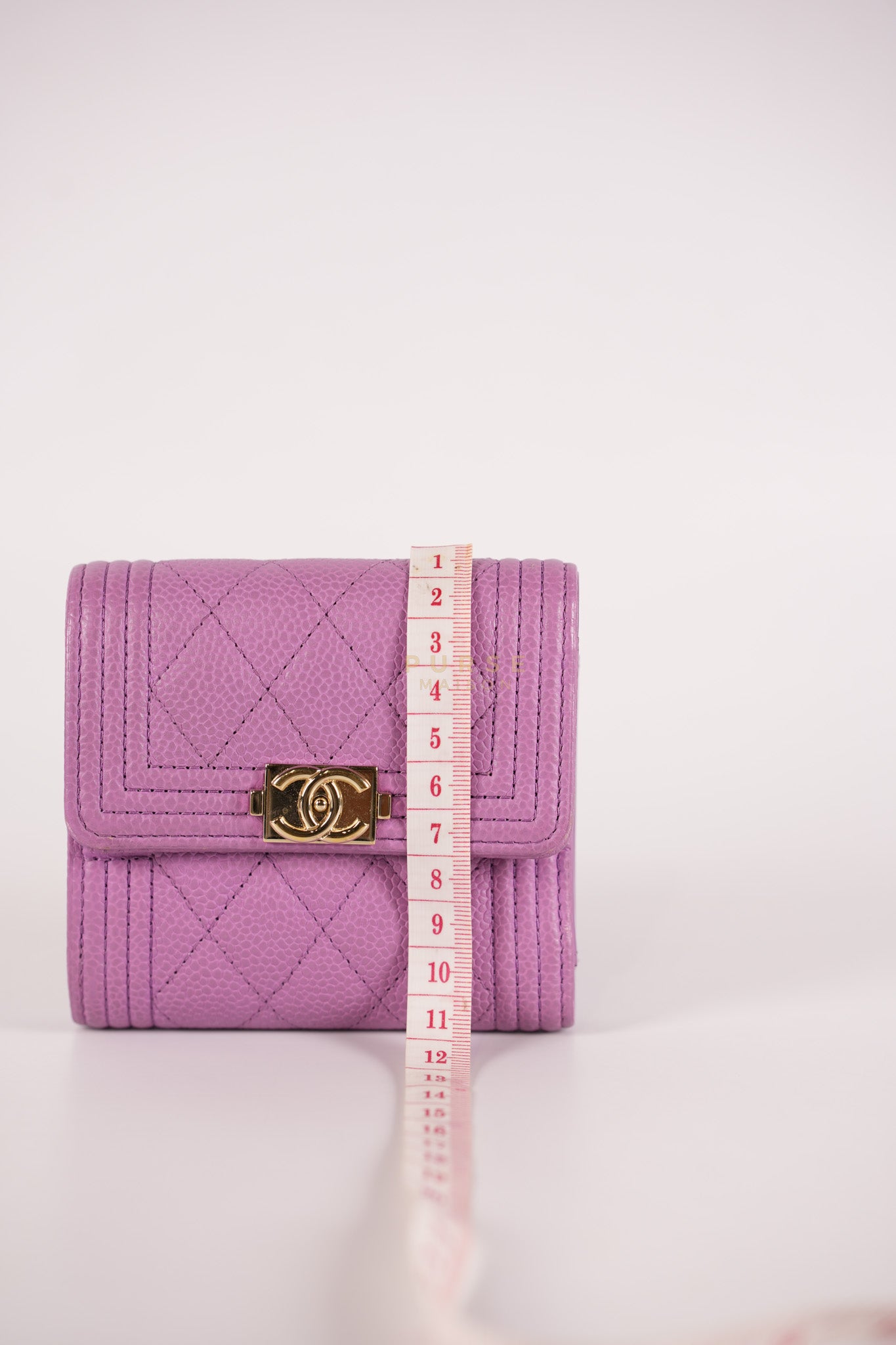 Boy Flap Compact Wallet in Purple Caviar Leather and Light Gold Hardware Series 29