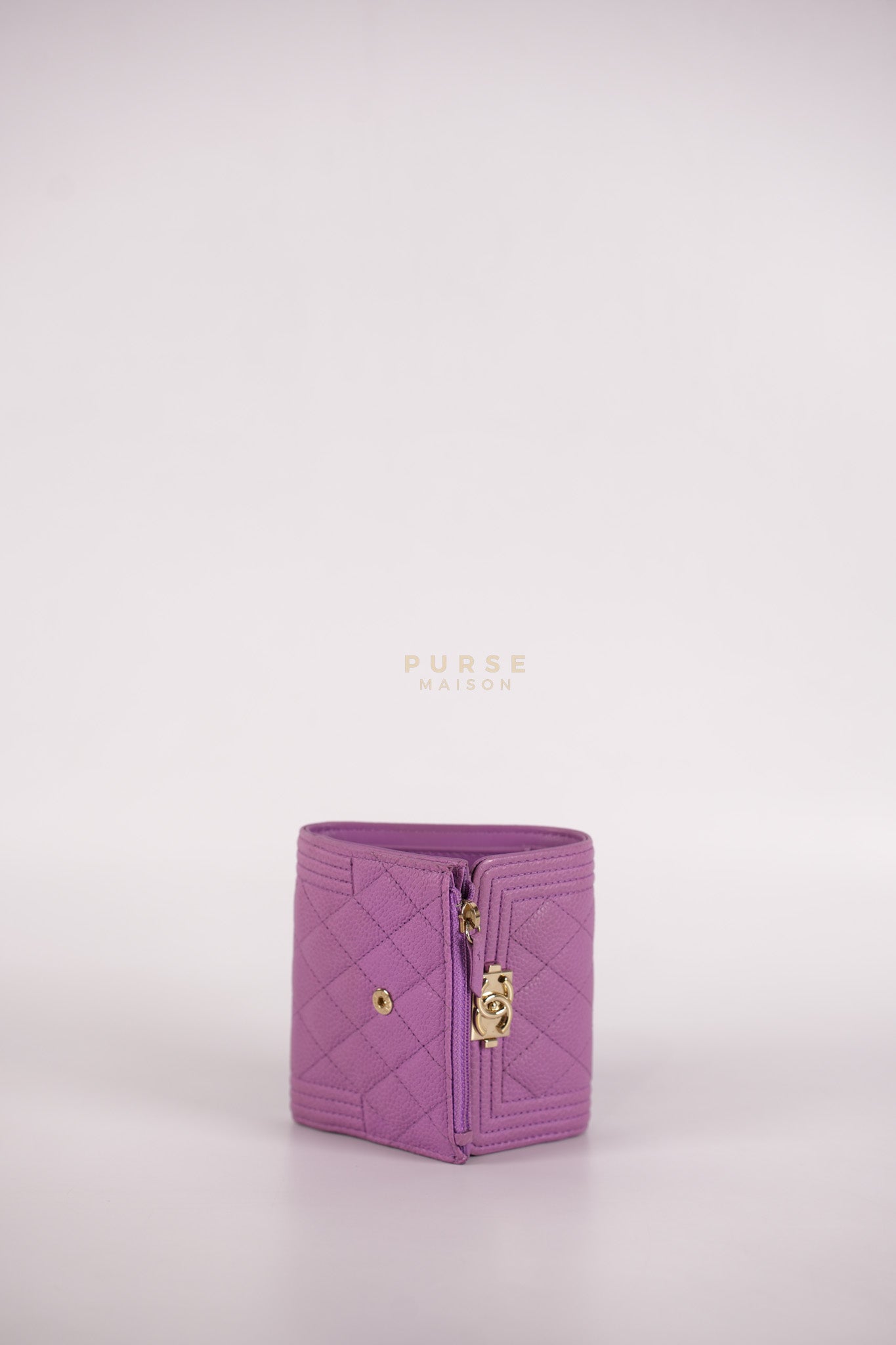 Boy Flap Compact Wallet in Purple Caviar Leather and Light Gold Hardware Series 29