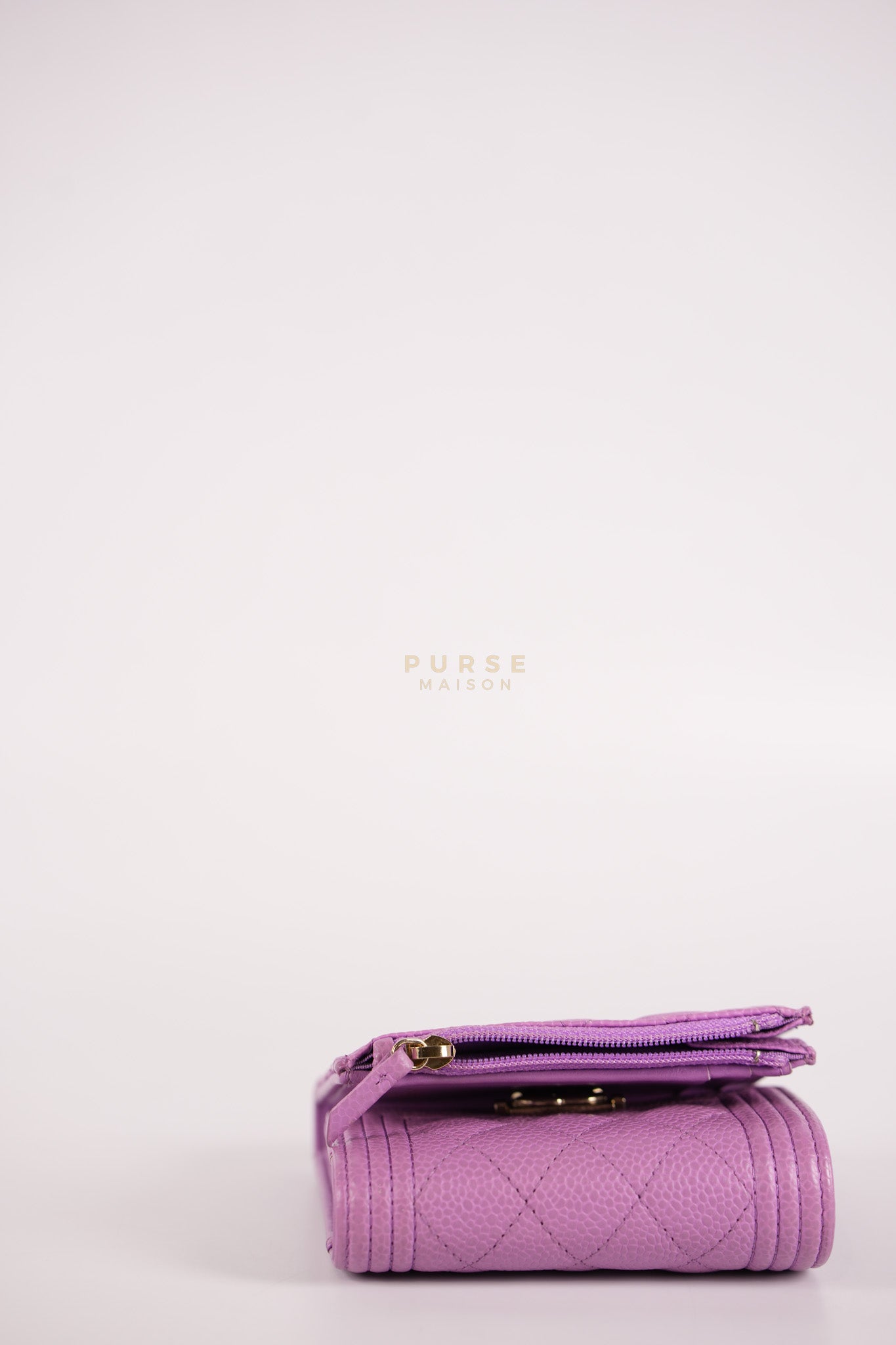 Boy Flap Compact Wallet in Purple Caviar Leather and Light Gold Hardware Series 29