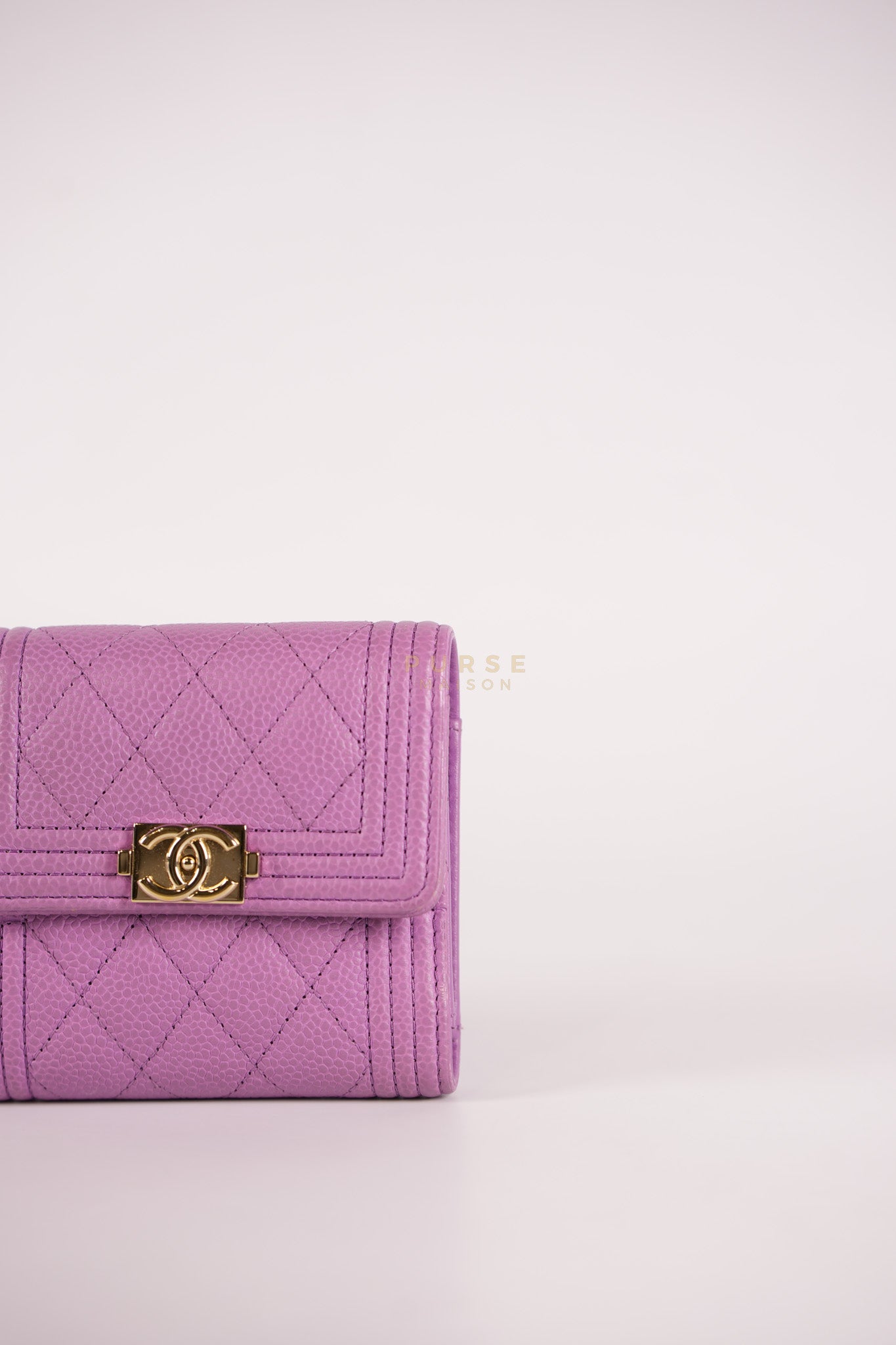 Boy Flap Compact Wallet in Purple Caviar Leather and Light Gold Hardware Series 29