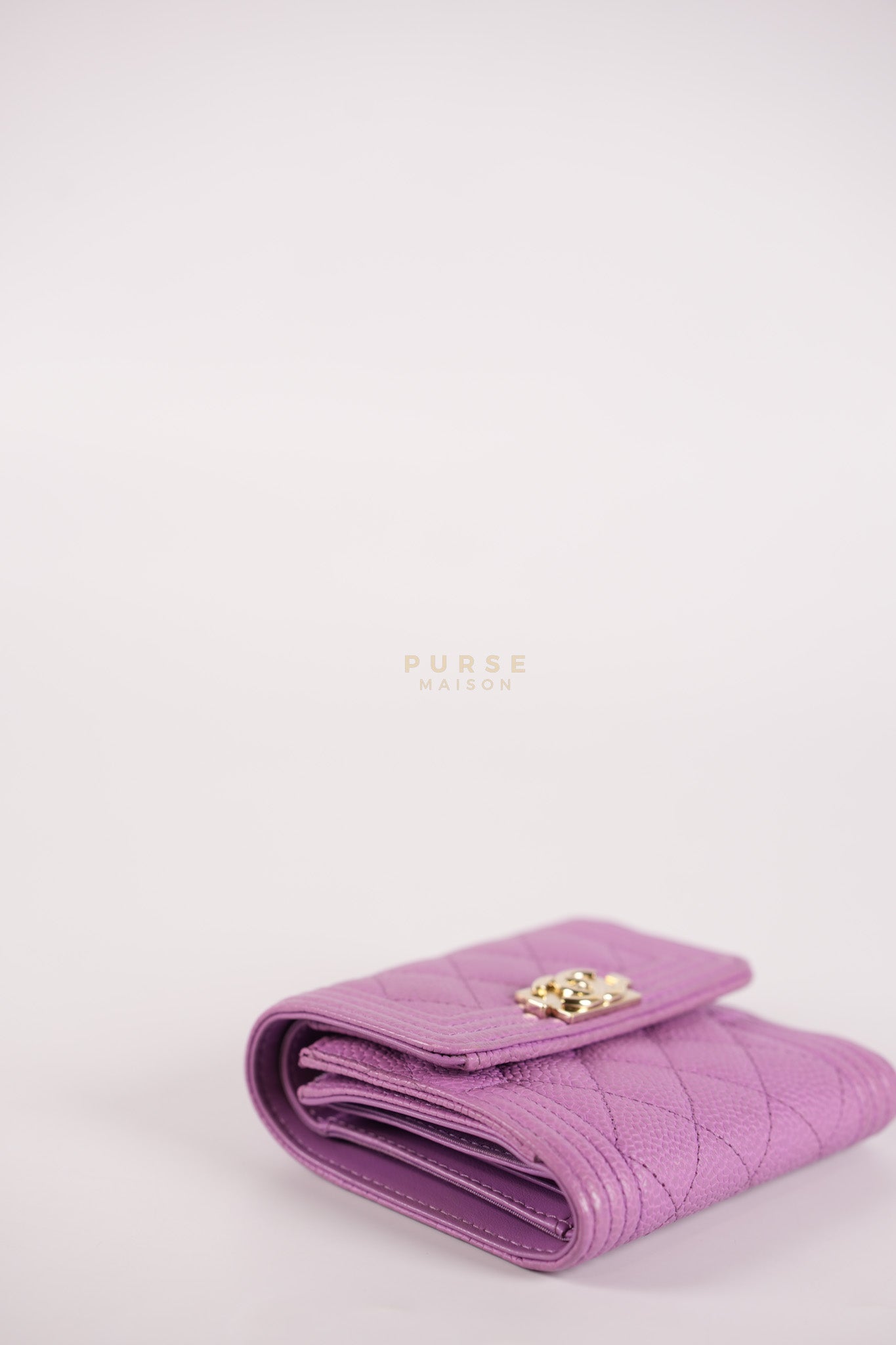 Boy Flap Compact Wallet in Purple Caviar Leather and Light Gold Hardware Series 29