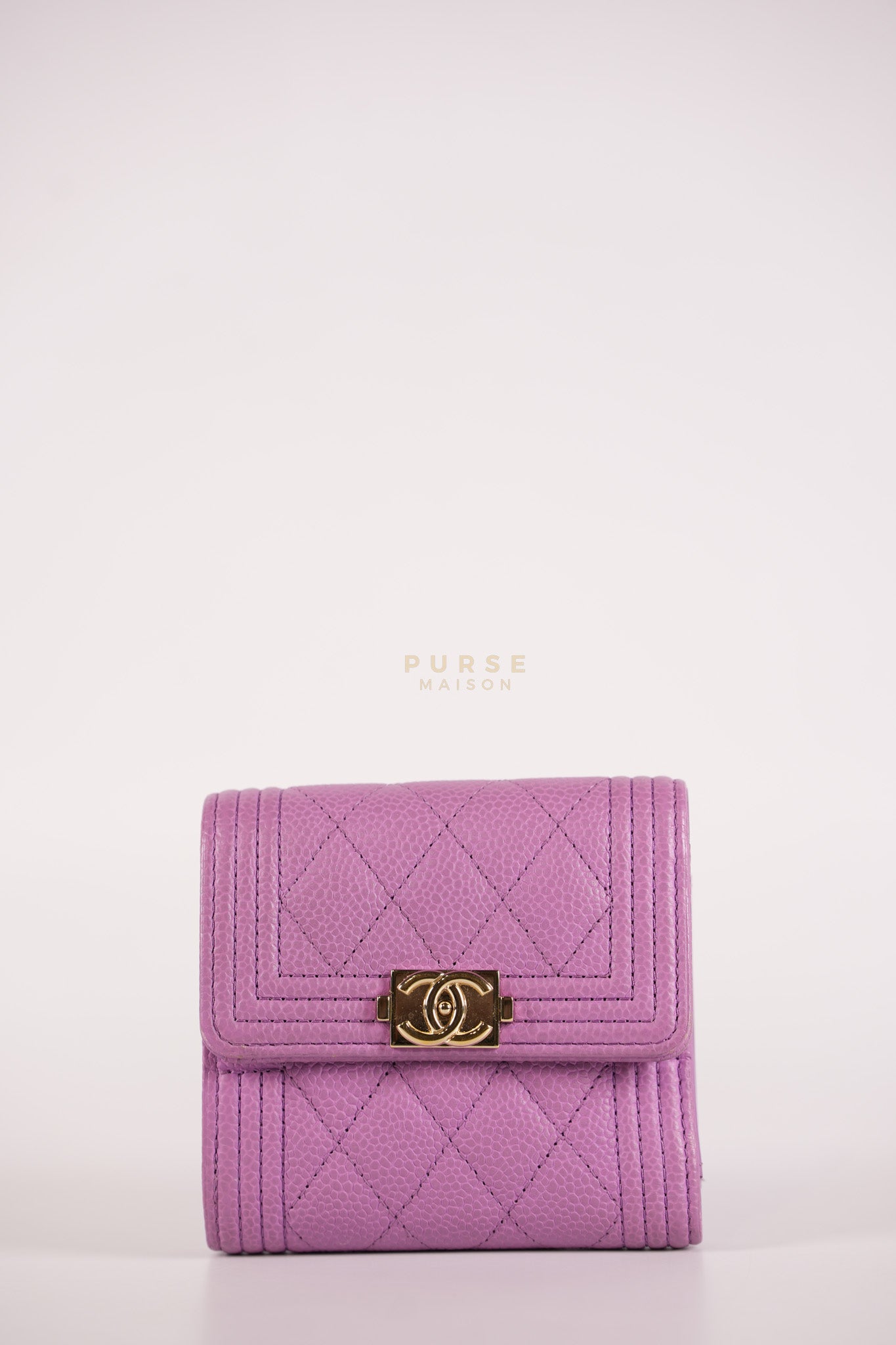 Boy Flap Compact Wallet in Purple Caviar Leather and Light Gold Hardware Series 29