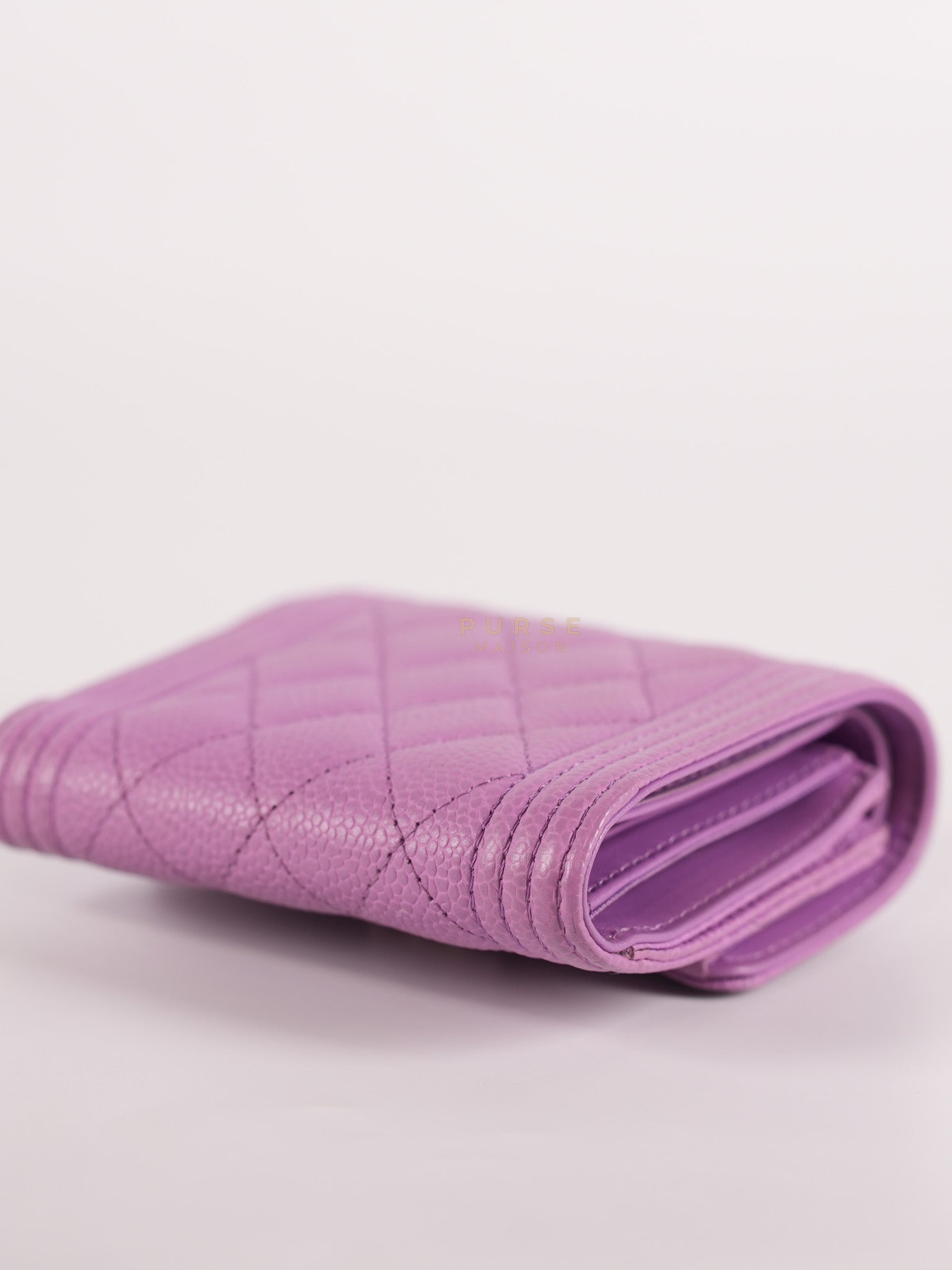 Boy Flap Compact Wallet in Purple Caviar Leather and Light Gold Hardware Series 29