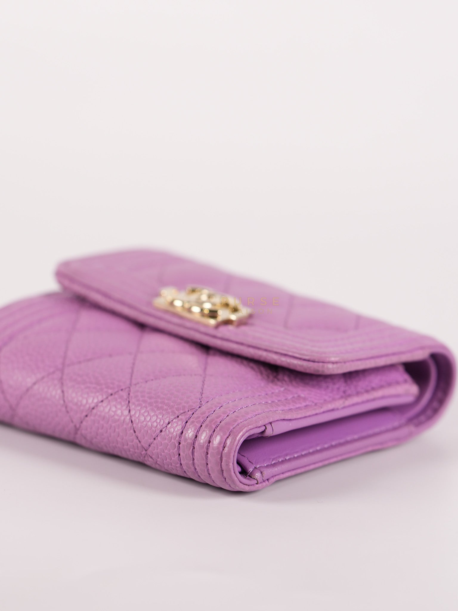 Boy Flap Compact Wallet in Purple Caviar Leather and Light Gold Hardware Series 29