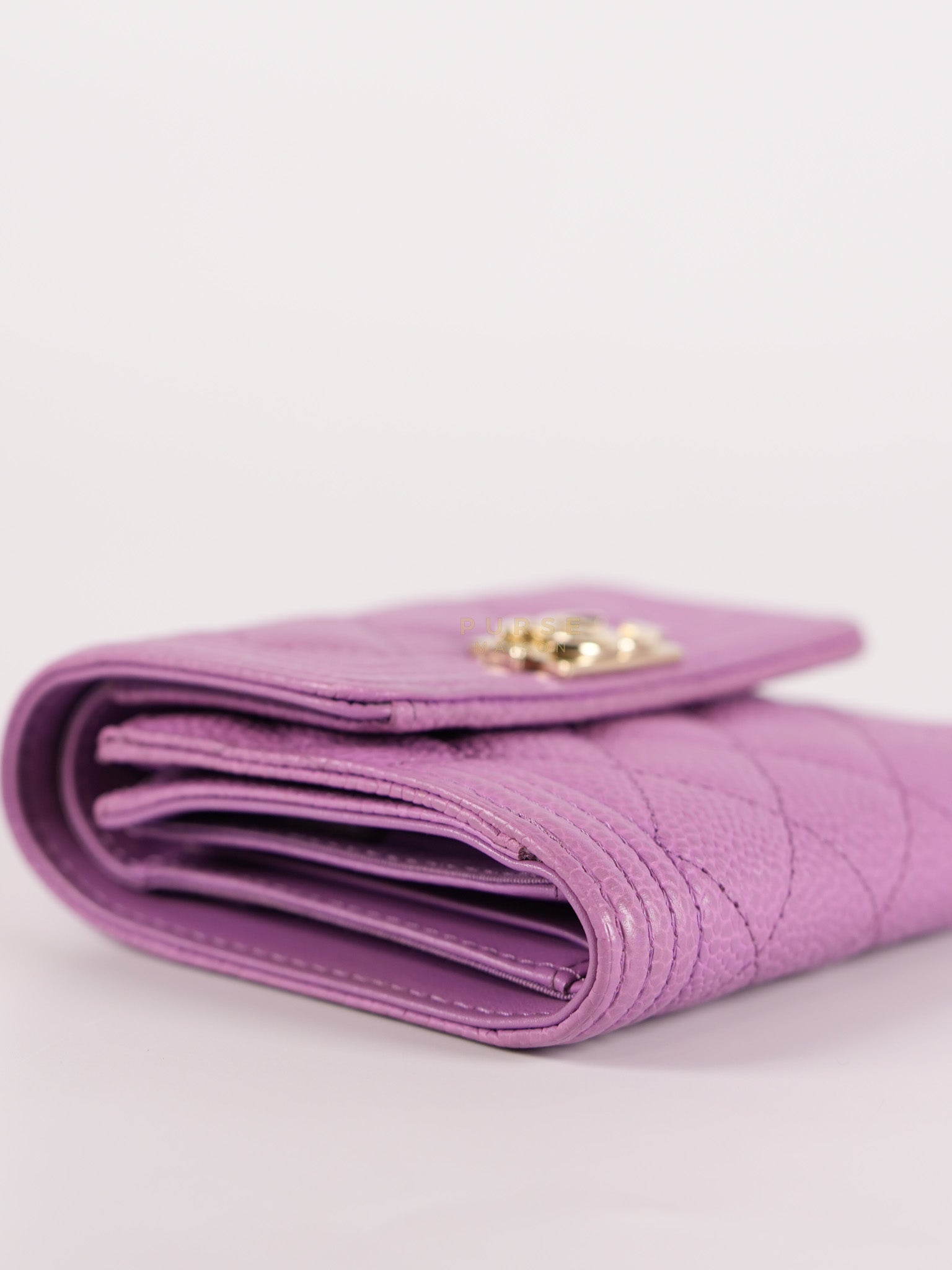 Boy Flap Compact Wallet in Purple Caviar Leather and Light Gold Hardware Series 29