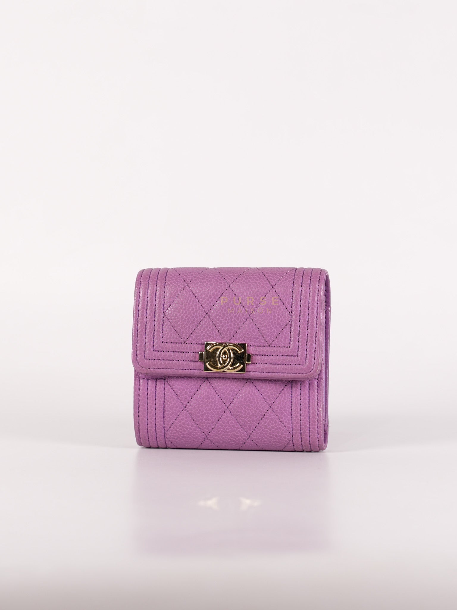 Boy Flap Compact Wallet in Purple Caviar Leather and Light Gold Hardware Series 29