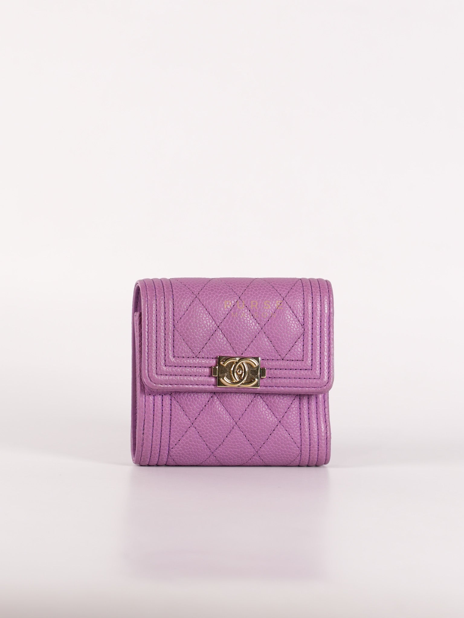 Boy Flap Compact Wallet in Purple Caviar Leather and Light Gold Hardware Series 29