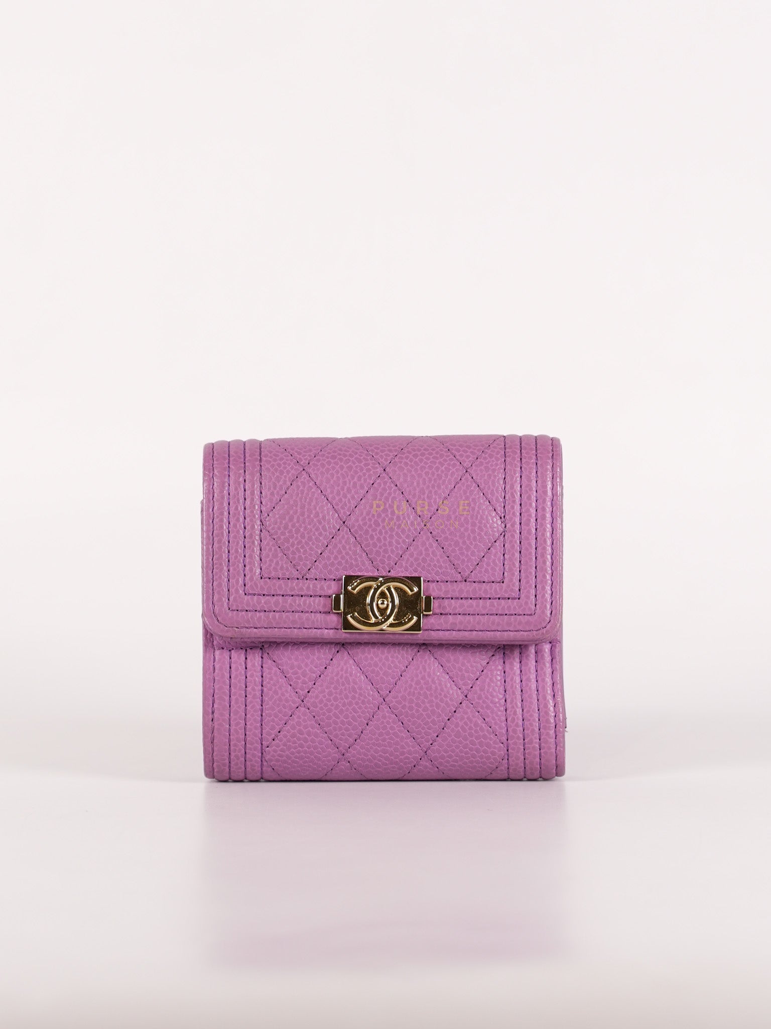 Boy Flap Compact Wallet in Purple Caviar Leather and Light Gold Hardware Series 29