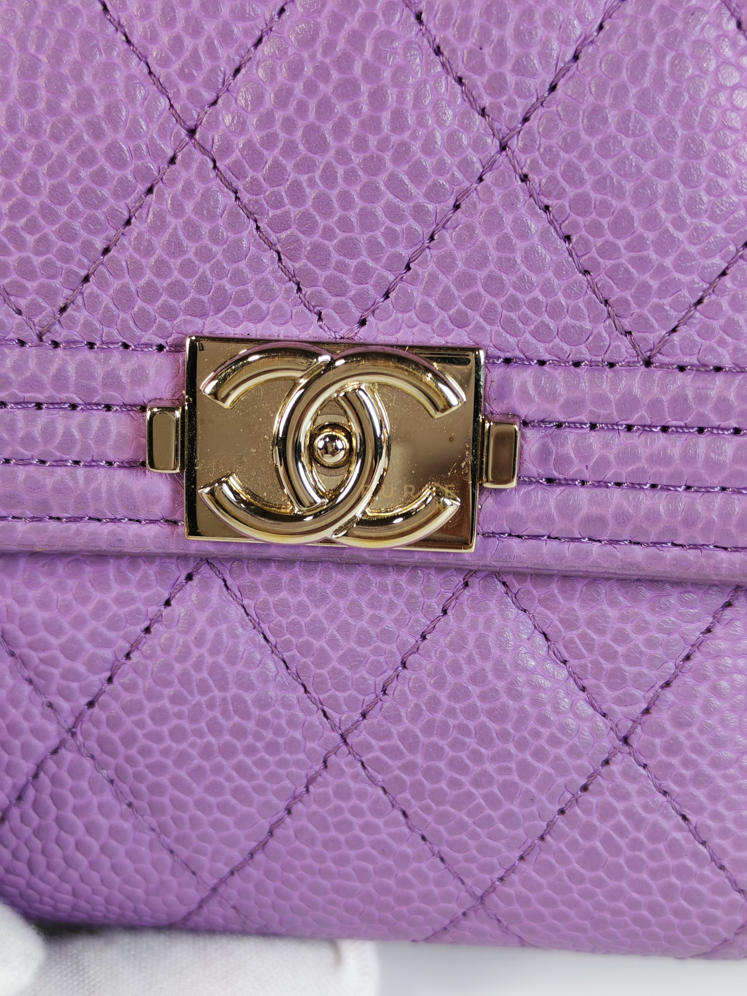 Boy Flap Compact Wallet in Purple Caviar Leather and Light Gold Hardware Series 29