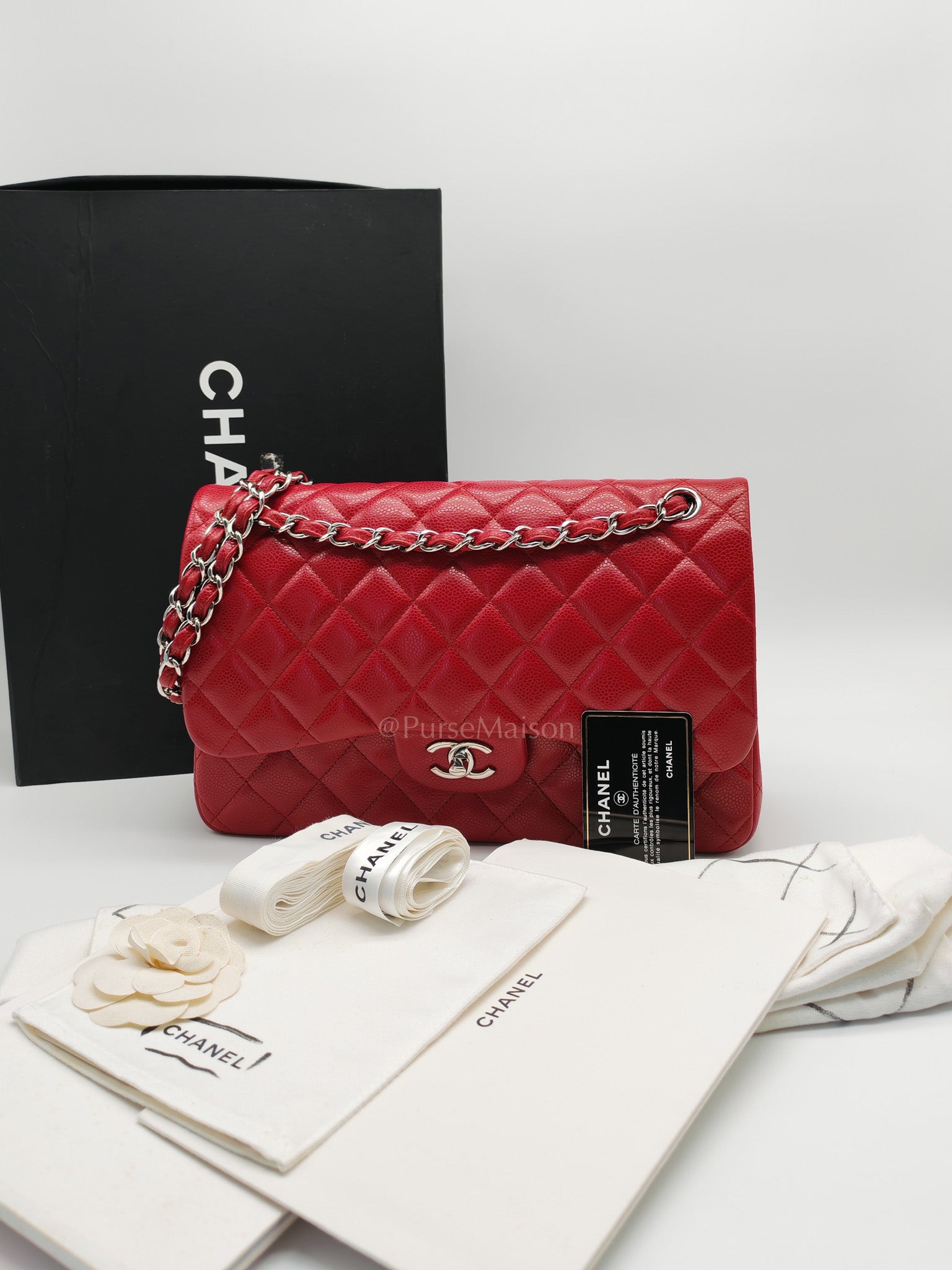 Classic Double Flap Jumbo in Red Quilted Caviar Leather and Silver Hardware Series 16