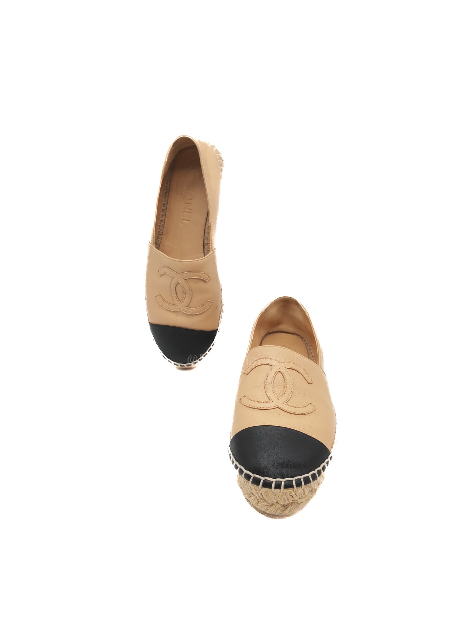 CC Espadrilles in Beige Lambskin Leather and Black Toe Size 37 EU (23.5cm)