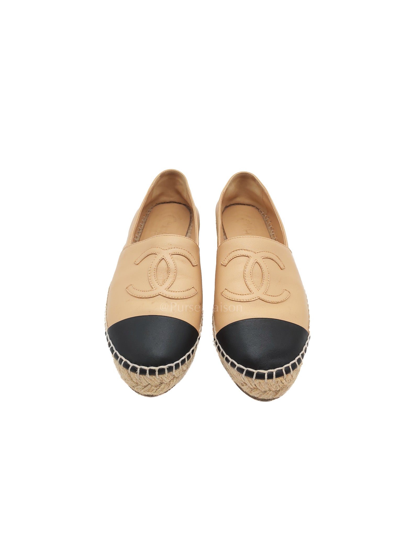 CC Espadrilles in Beige Lambskin Leather and Black Toe Size 37 EU (23.5cm)