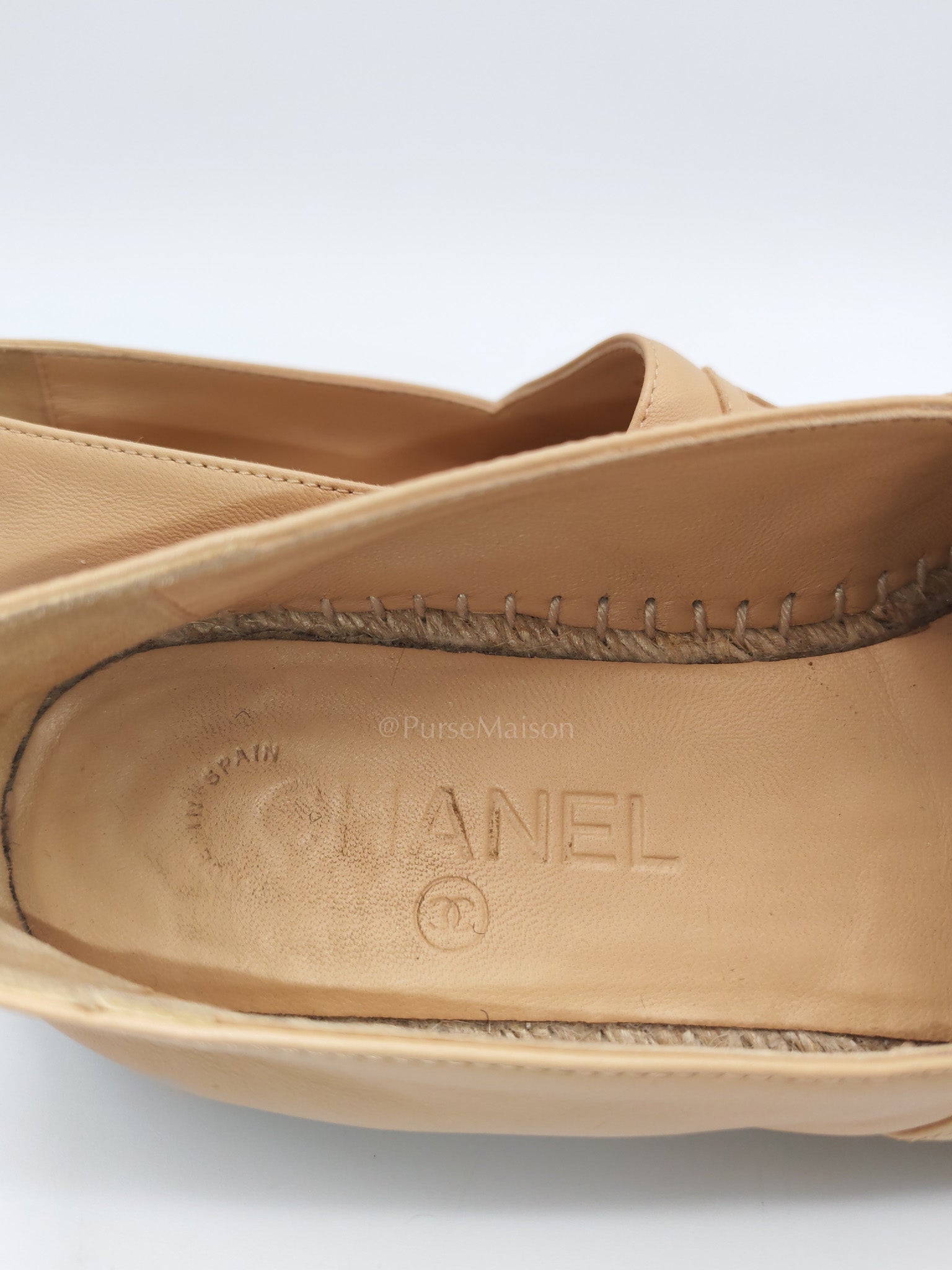 CC Espadrilles in Beige Lambskin Leather and Black Toe Size 37 EU (23.5cm)