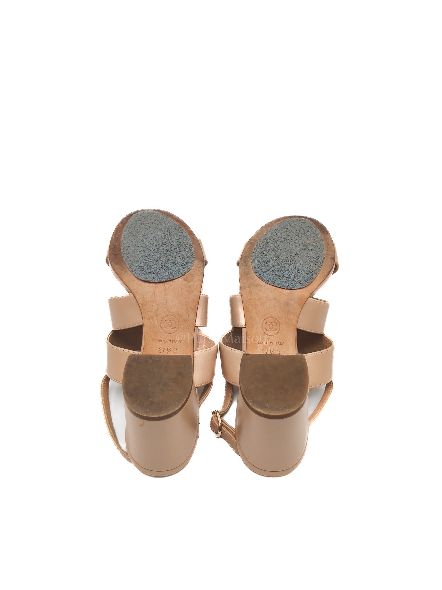 CC Turn Lock Triple Strap Sandals in Beige Calfskin Leather Light Gold Hardware Size 37.5 EU(23.5 cm)