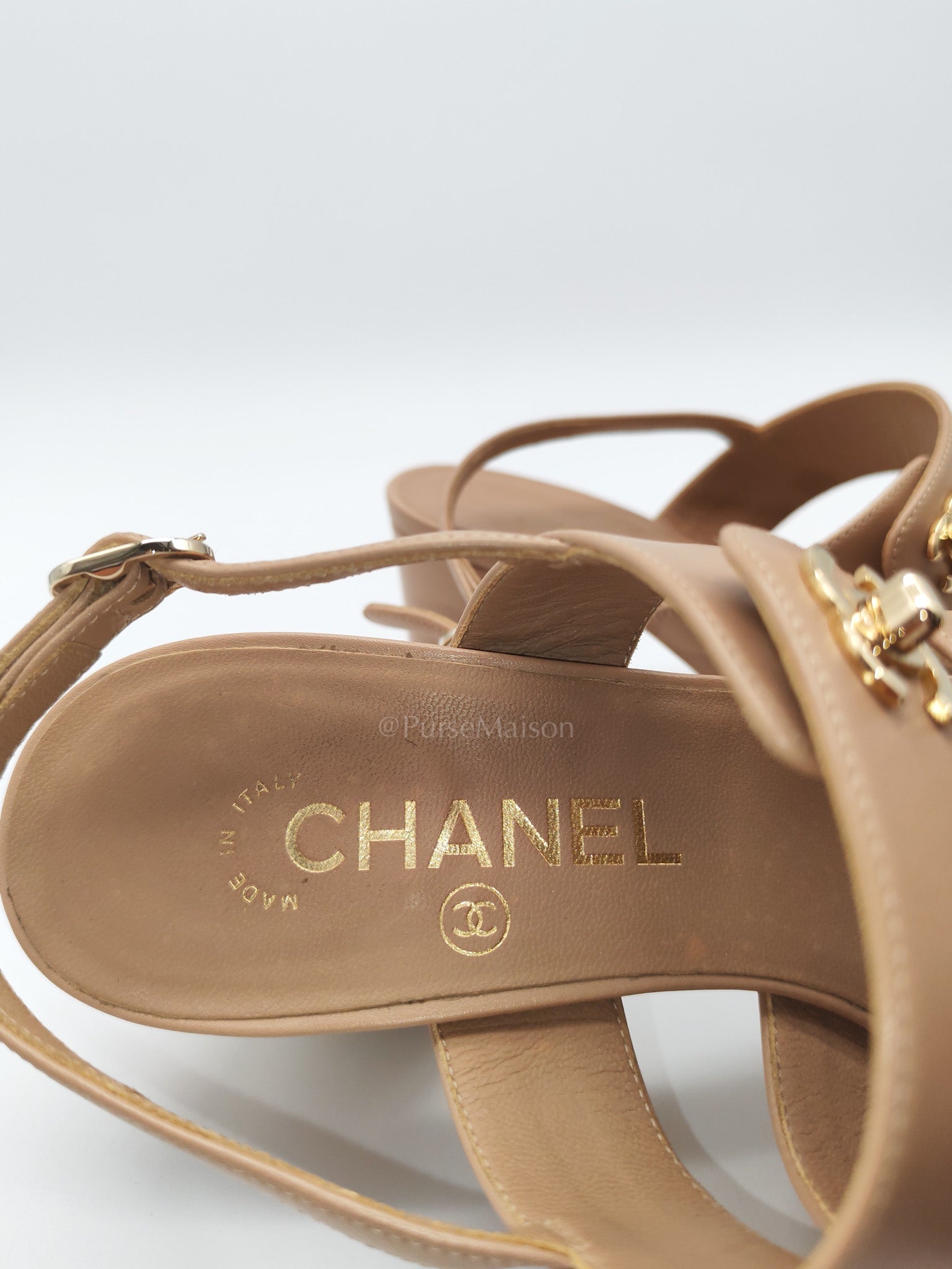 CC Turn Lock Triple Strap Sandals in Beige Calfskin Leather Light Gold Hardware Size 37.5 EU(23.5 cm)
