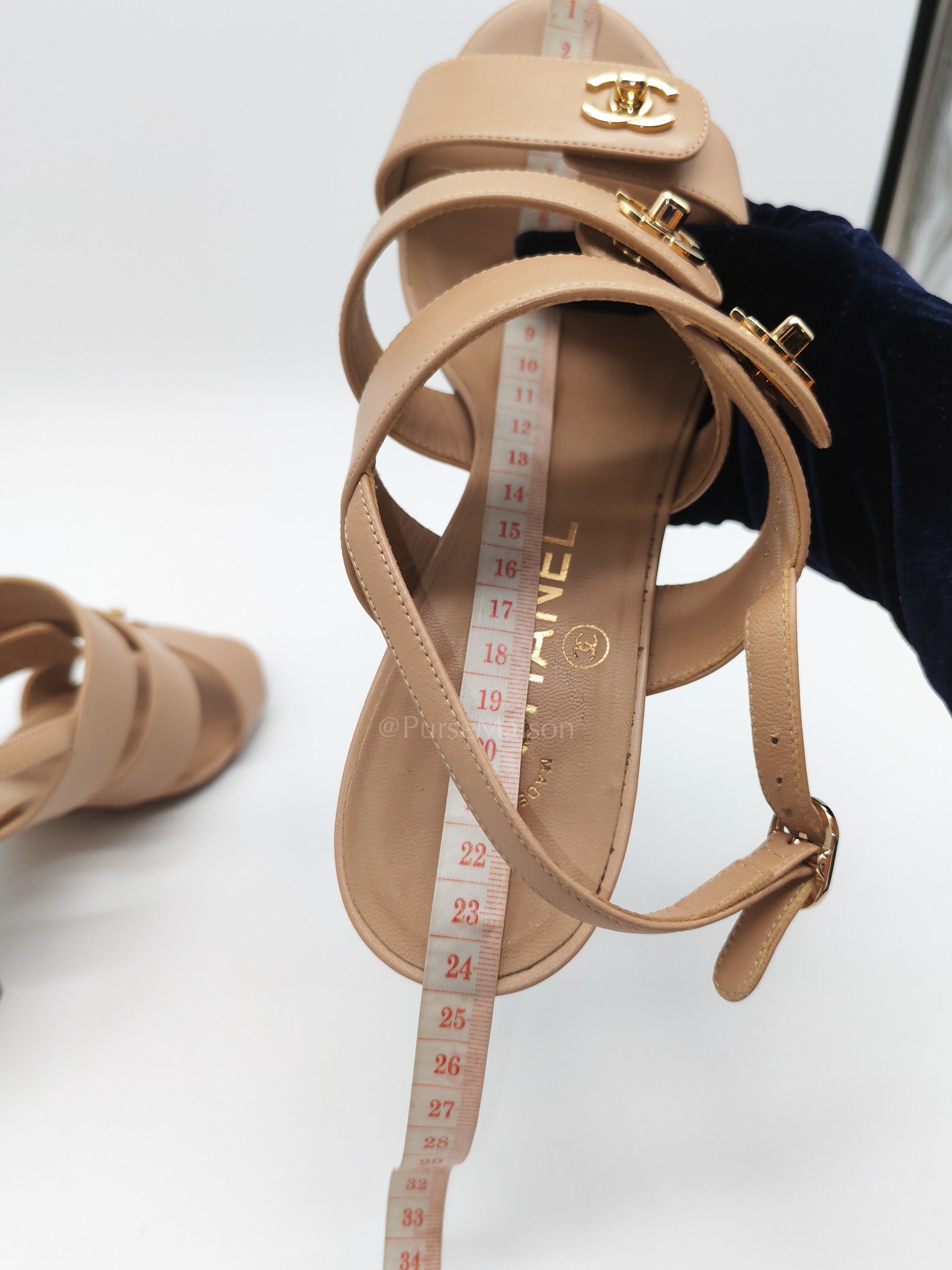 CC Turn Lock Triple Strap Sandals in Beige Calfskin Leather Light Gold Hardware Size 37.5 EU(23.5 cm)