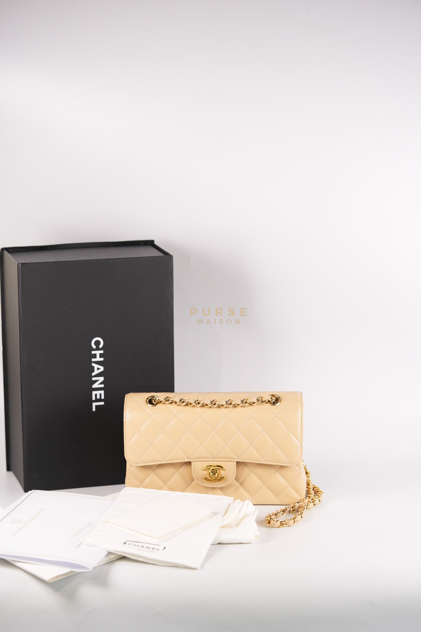 Classic Double Flap Small in Beige Clair Quilted Caviar Leather and Gold Hardware (Microchip)