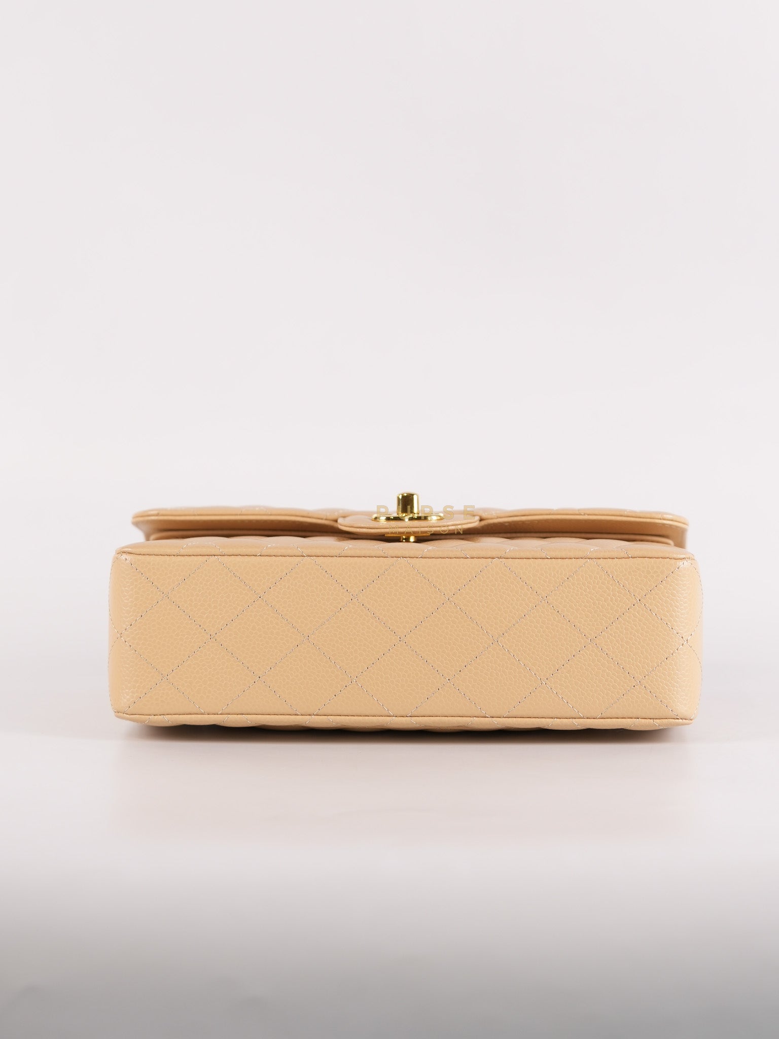 Classic Double Flap Small in Beige Clair Quilted Caviar Leather and Gold Hardware (Microchip)