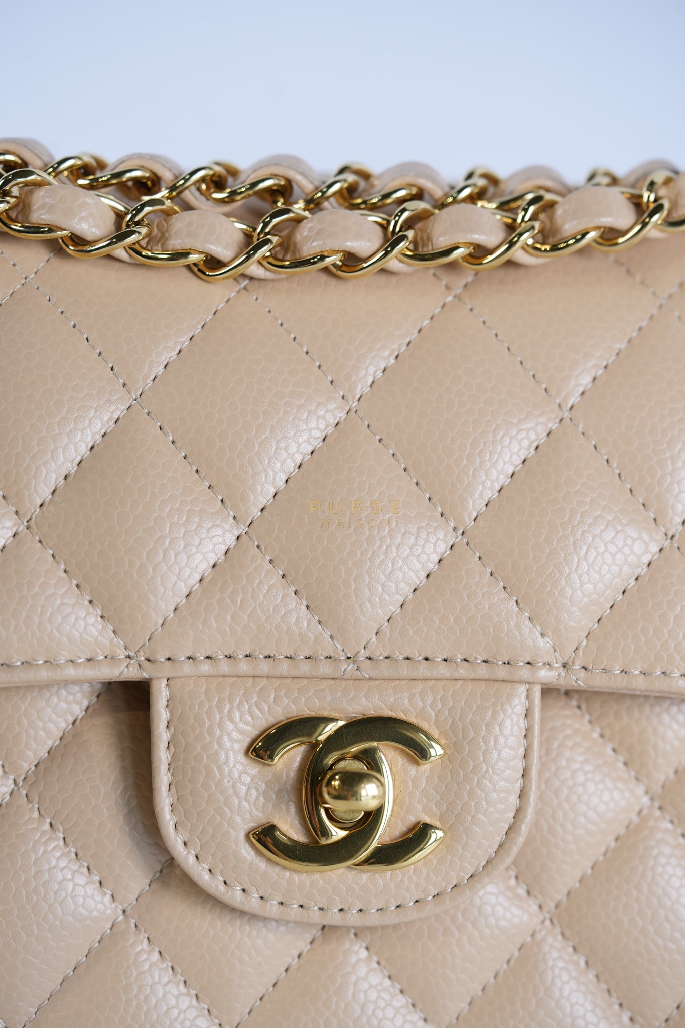 Classic Double Flap Small in Beige Clair Quilted Caviar Leather and Gold Hardware (Microchip)