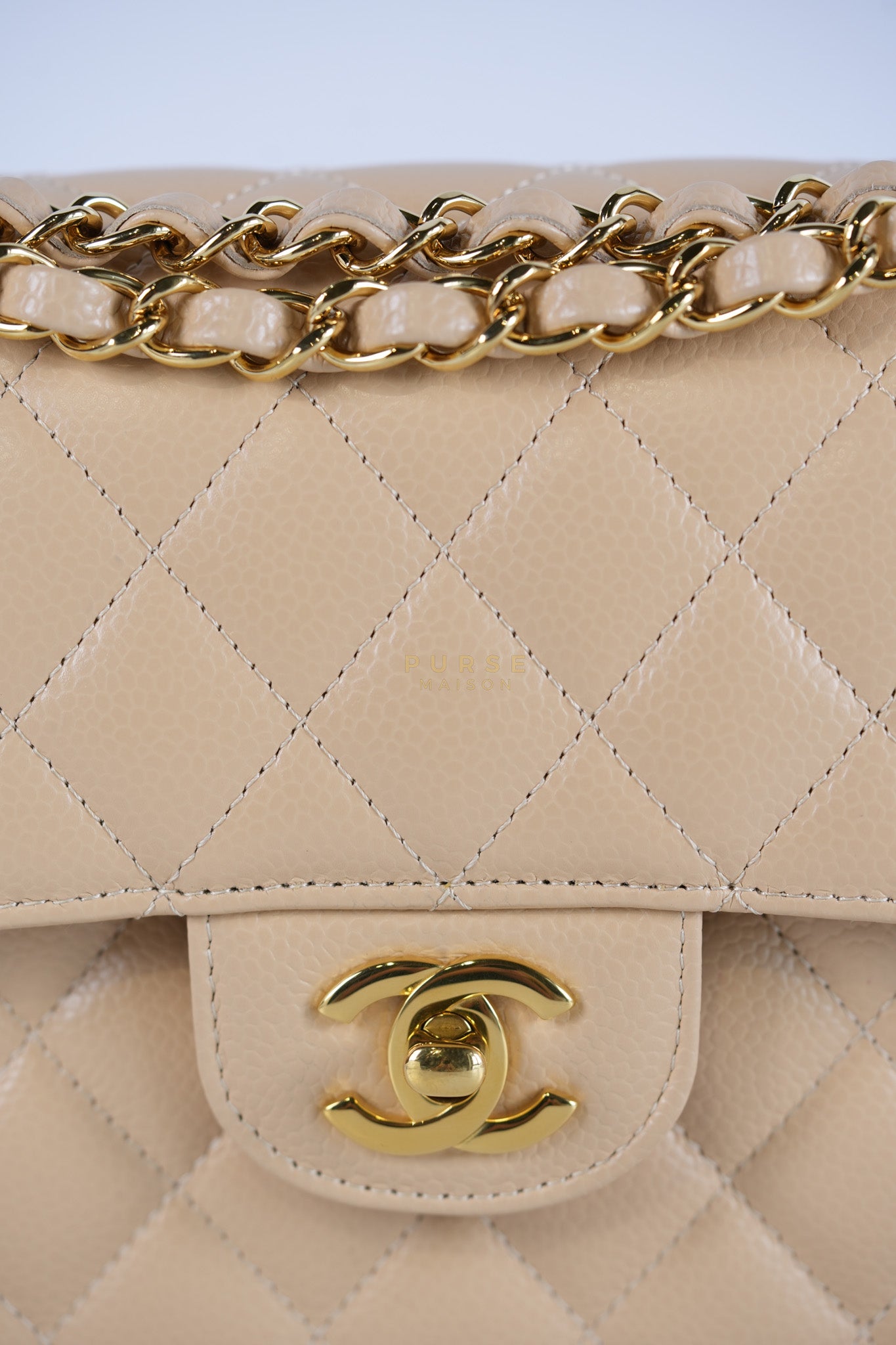 Classic Double Flap Small in Beige Clair Quilted Caviar Leather and Gold Hardware (Microchip)