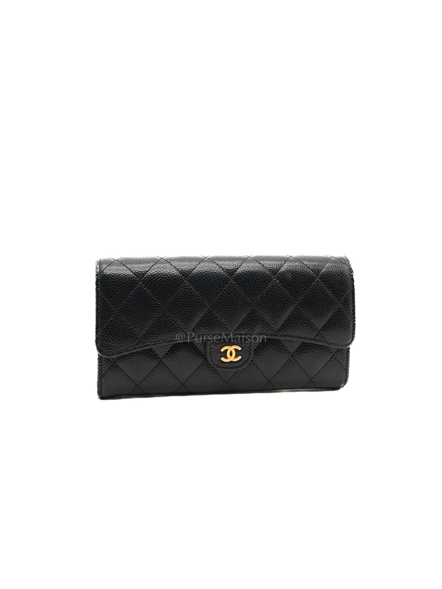 L-Gusset Flap Wallet in Black Quilted Caviar Leather & Gold Hardware Series 24 | Purse Maison Luxury Bags Shop